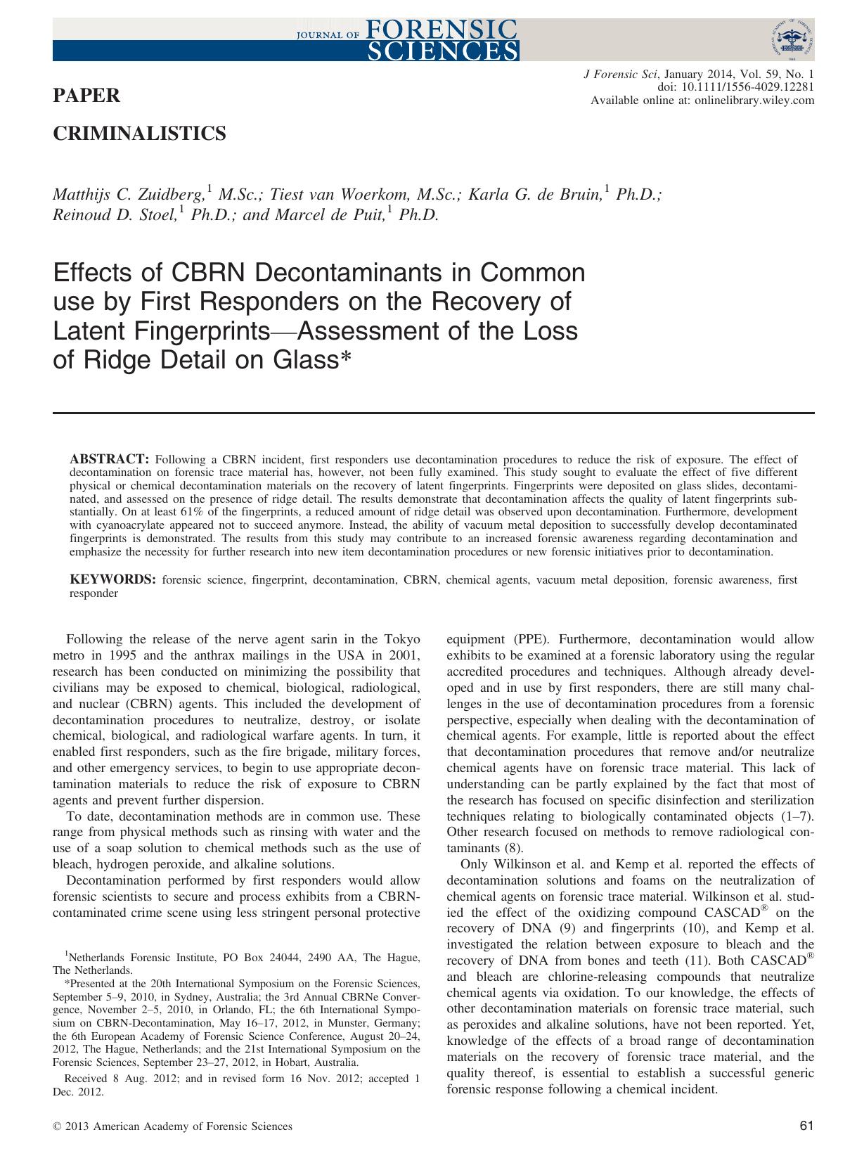 Effects of CBRN Decontaminants in Common use by First Responders on the Recovery of Latent FingerprintsAssessment of the Loss of Ridge Detail on Glass by Unknown