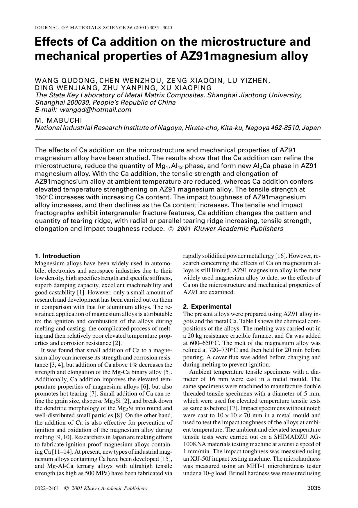 Effects of Ca addition on the microstructure and mechanical properties of AZ91magnesium alloy by Unknown