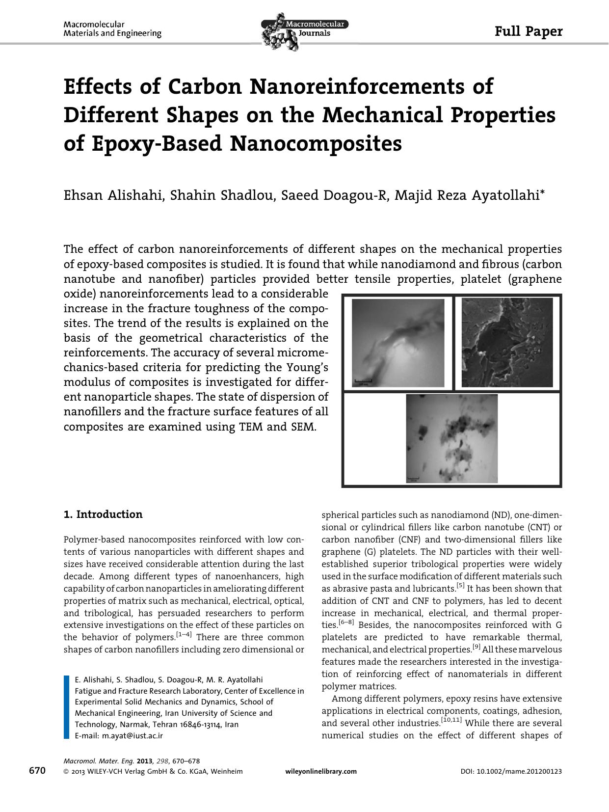 Effects of Carbon Nanoreinforcements of Different Shapes on the Mechanical Properties of EpoxyBased Nanocomposites by Unknown