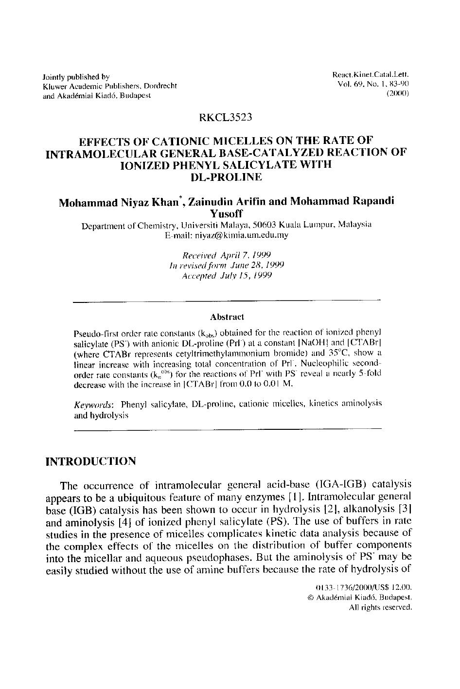 Effects of Cationic Micelles on the Rate of Intramolecular General Base-Catalyzed Reaction of Ionized Phenyl Salicylate with DL-Proline by Unknown