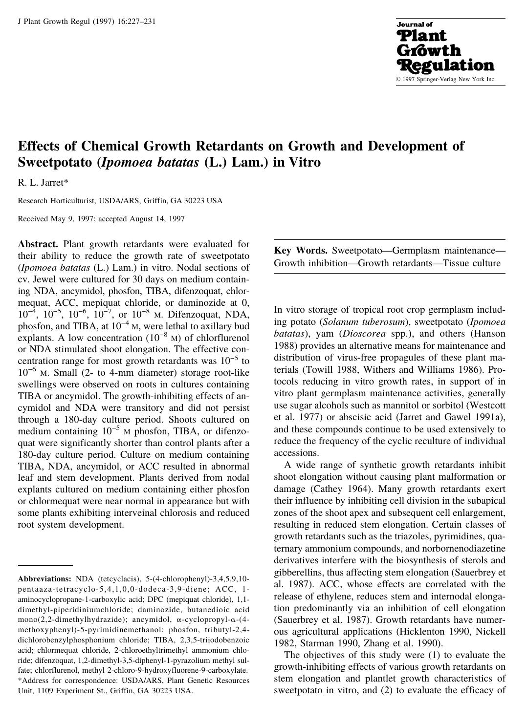 Effects of Chemical Growth Retardants on Growth and Development of Sweetpotato (Ipomoea batatas (L.) Lam.) in Vitro by Jarret R