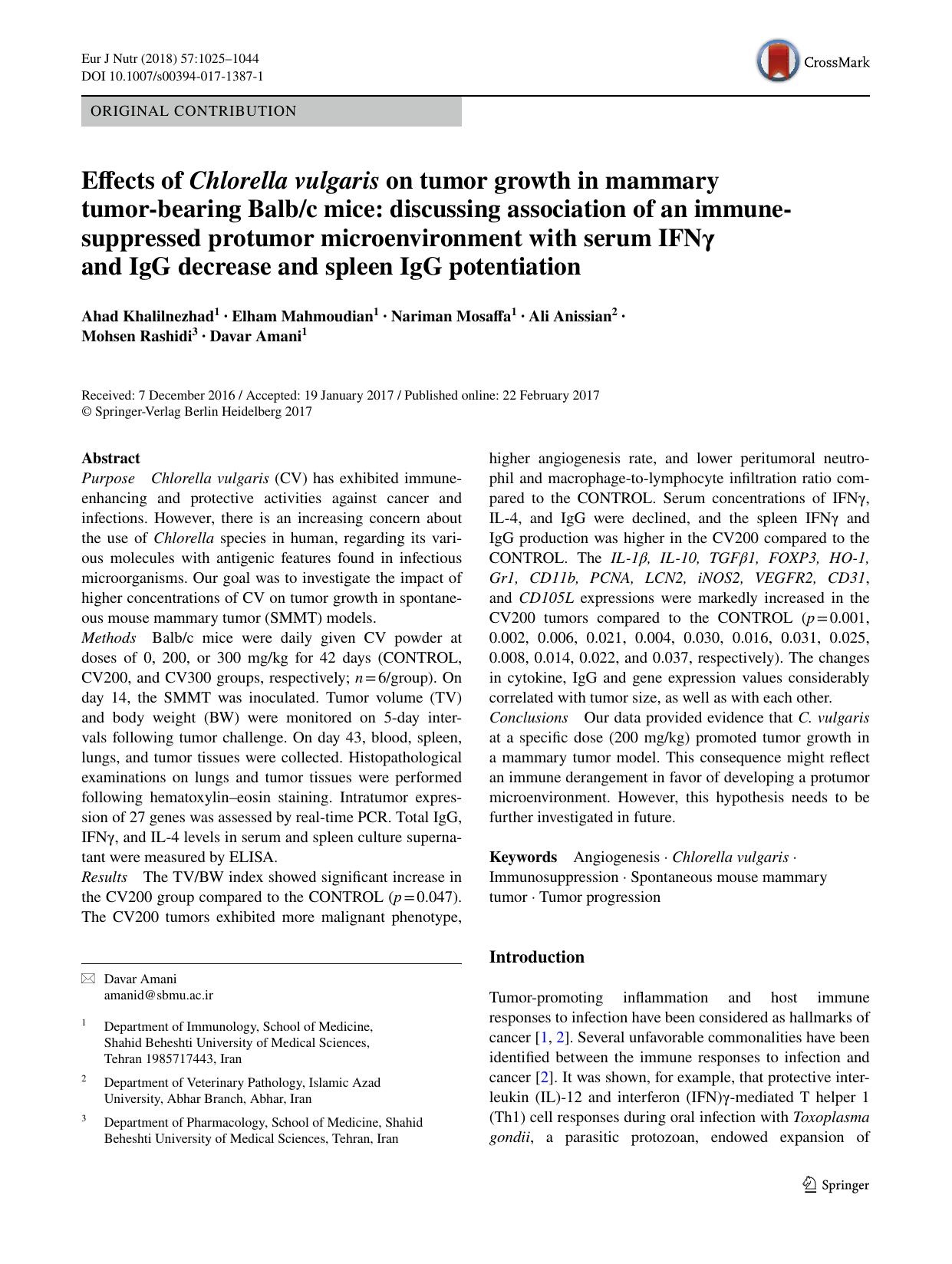 Effects of Chlorella vulgaris on tumor growth in mammary tumor-bearing Balbc mice: discussing association of an immune-suppressed protumor microenvironment with serum IFNÎ³ and IgG by Ahad Khalilnezhad