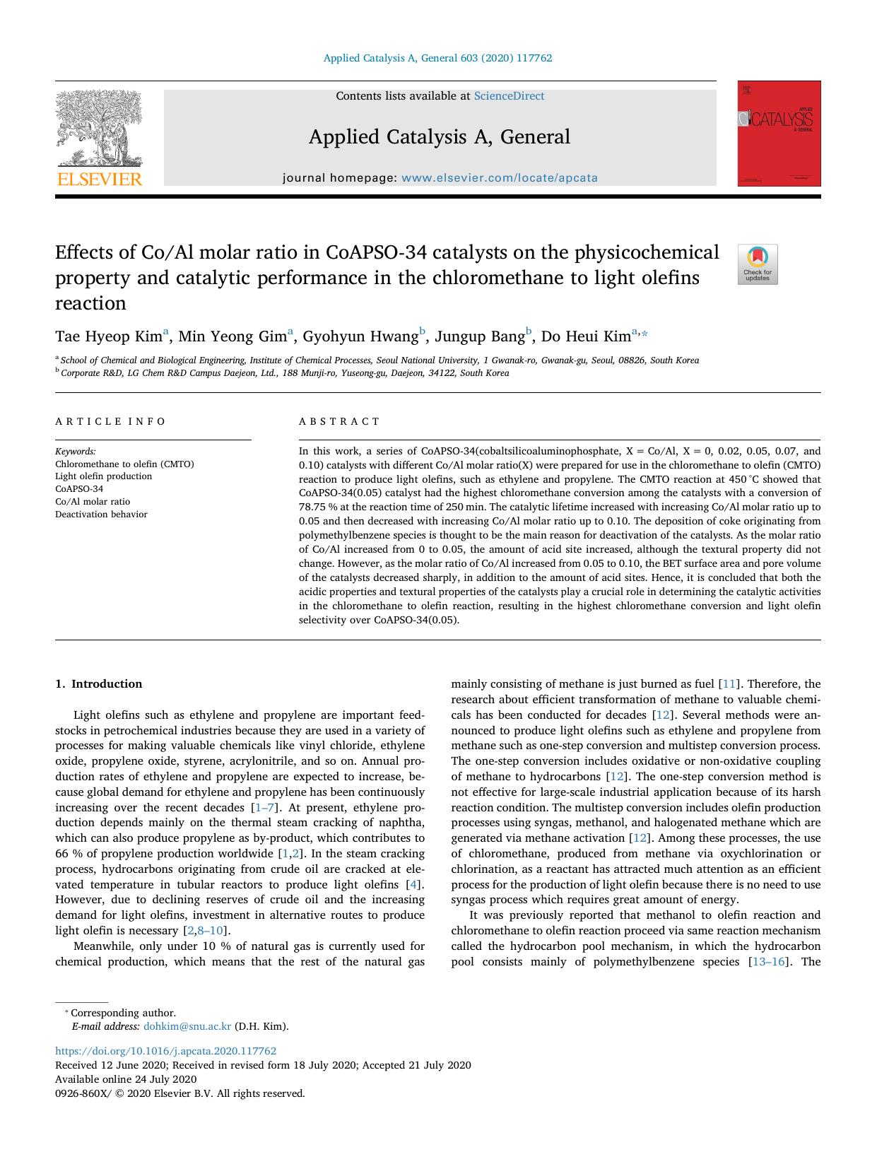 Effects of CoAl molar ratio in CoAPSO-34 catalysts on the physicochemical property and catalytic performance in the chloromethane to light olefins reaction by Tae Hyeop Kim & Min Yeong Gim & Gyohyun Hwang & Jungup Bang & Do Heui Kim