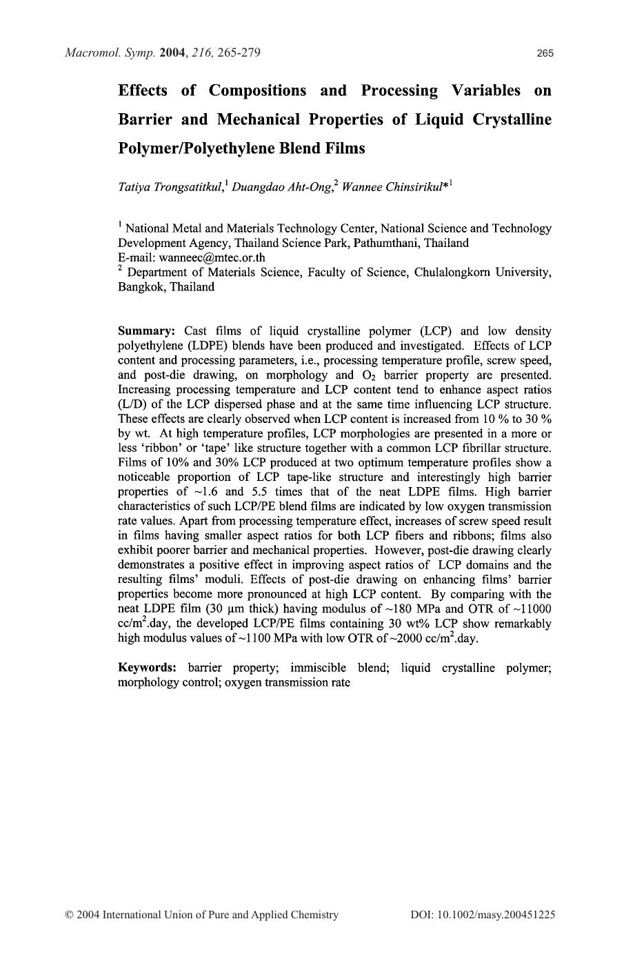 Effects of Compositions and Processing Variables on Barrier and Mechanical Properties of Liquid Crystalline PolymerPolyethylene Blend Films by Unknown