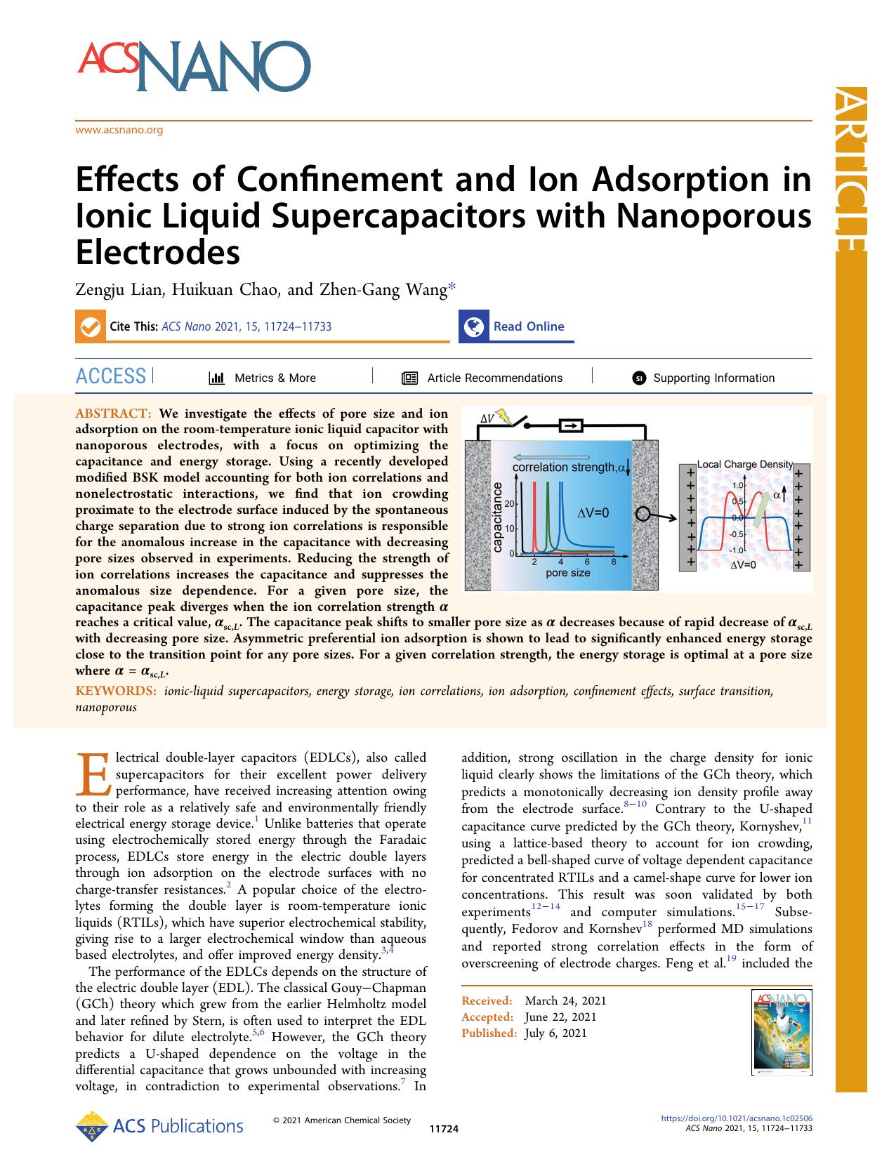 Effects of Confinement and Ion Adsorption in Ionic Liquid Supercapacitors with Nanoporous Electrodes by Zengju Lian Huikuan Chao and Zhen-Gang Wang