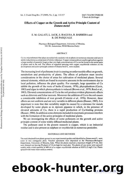 Effects of Copper on the Growth and Active Principle Content of Datura metel by E. M. Galati L. Iauk S. Ragusa R. Barbera & R. de Pasquale