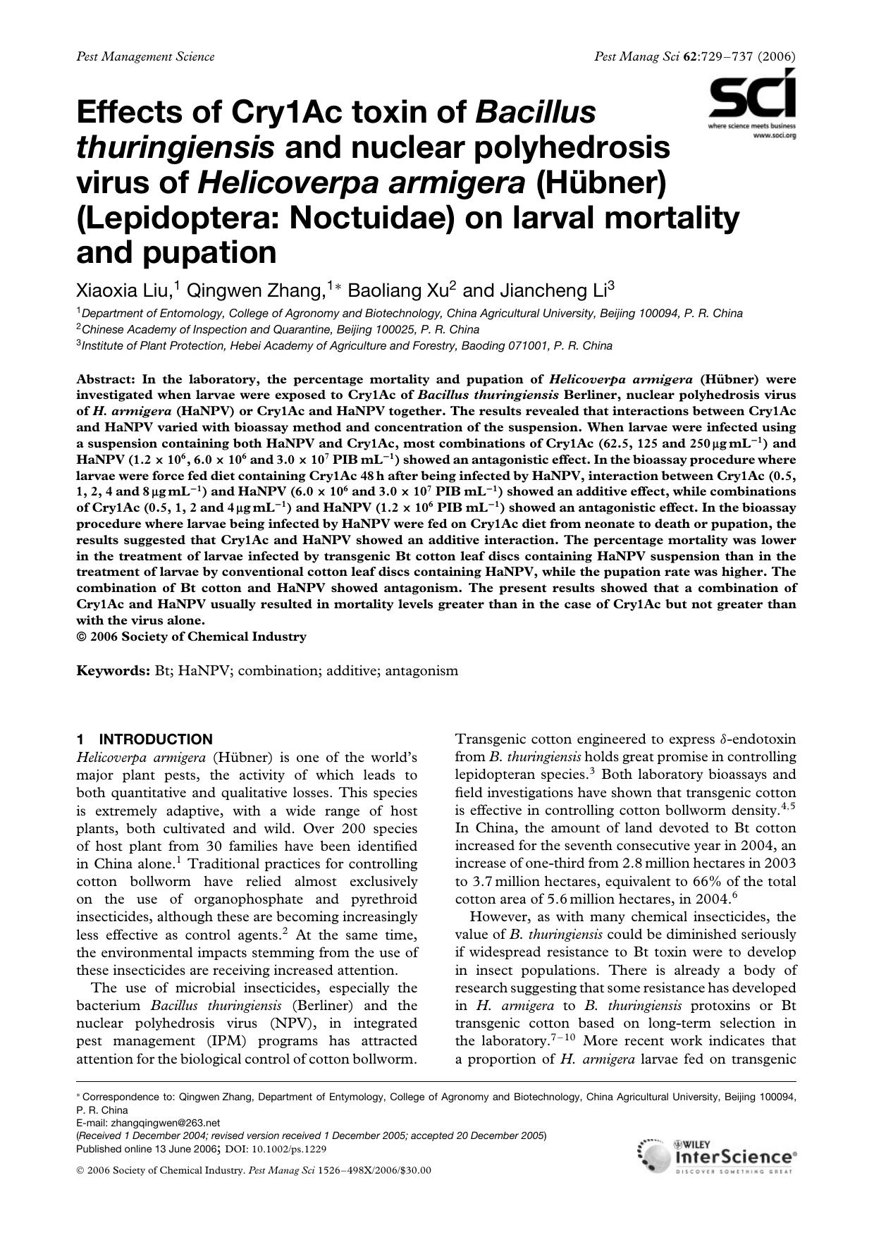 Effects of Cry1Ac toxin of Bacillus thuringiensis and nuclear polyhedrosis virus of Helicoverpa armigera (HÃ¼bner) (Lepidoptera: Noctuidae) on larval mortality and pupation by Unknown