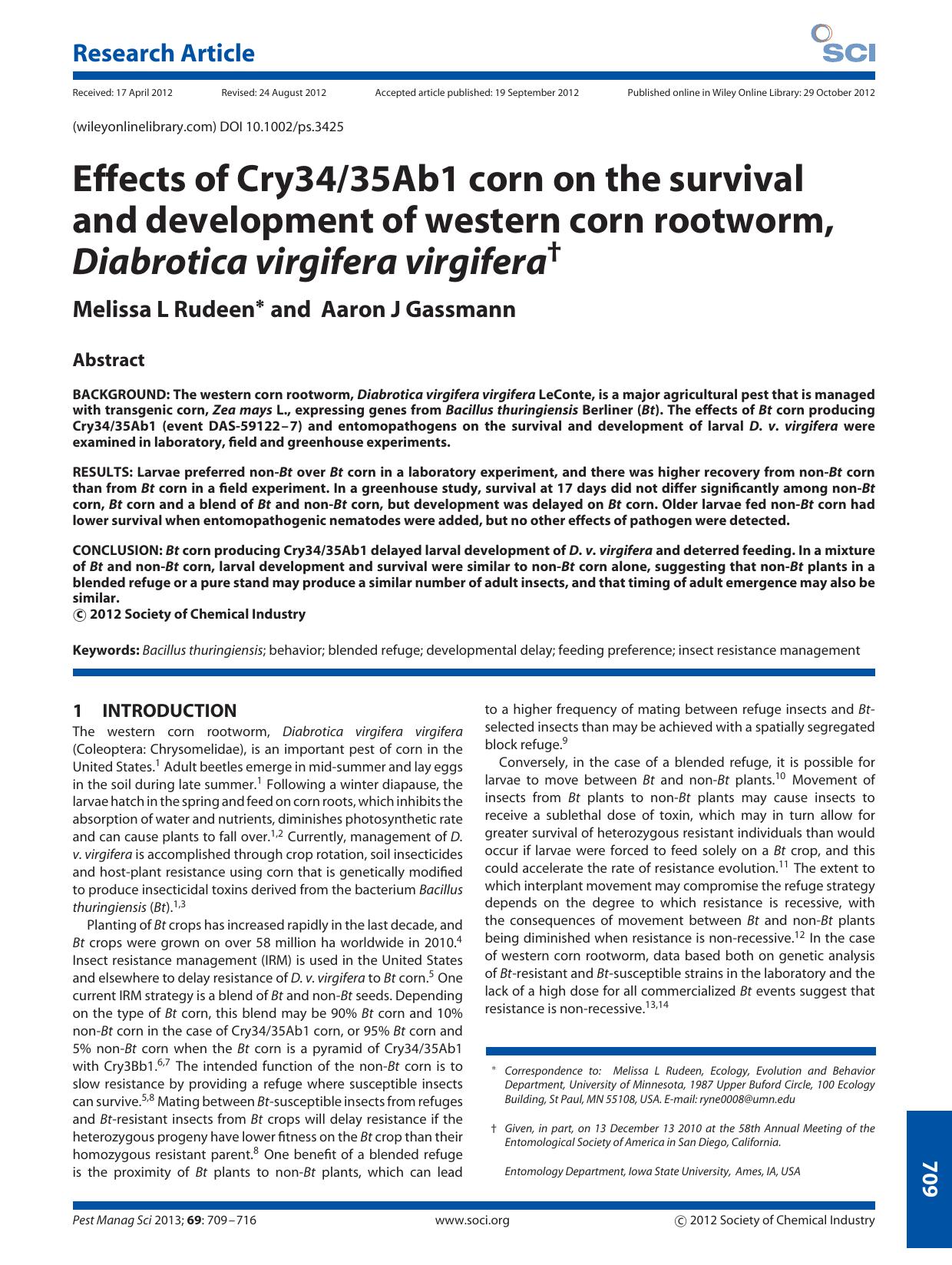 Effects of Cry3435Ab1 corn on the survival anddevelopment of western corn rootworm, Diabrotica virgifera virgifera by Unknown
