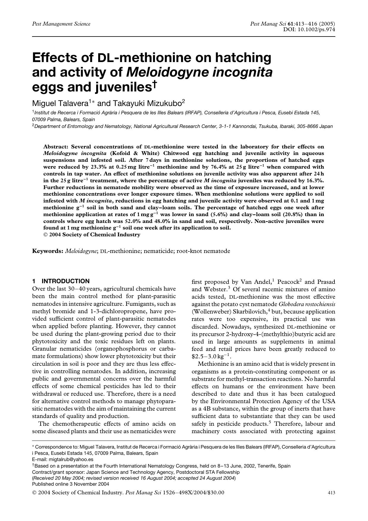 Effects of DL-methionine on hatching and activity of Meloidogyne incognita eggs and juveniles by Unknown