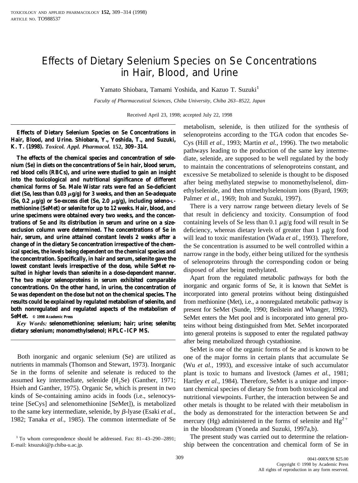 Effects of Dietary Selenium Species on Se Concentrations in Hair, Blood, and Urine by Shiobara Y. et al