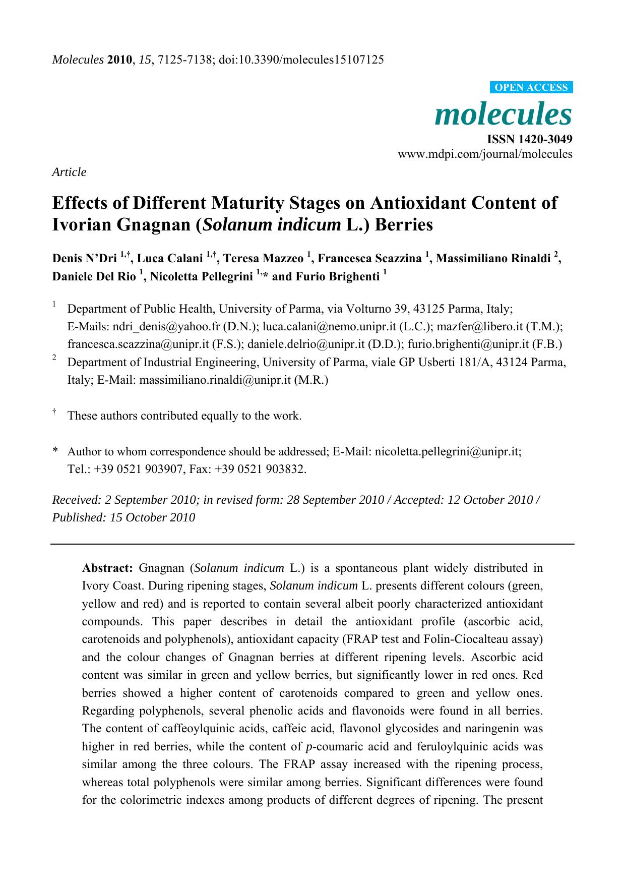 Effects of Different Maturity Stages on Antioxidant Content of Ivorian Gnagnan (Solanum indicum L.) Berries by unknow