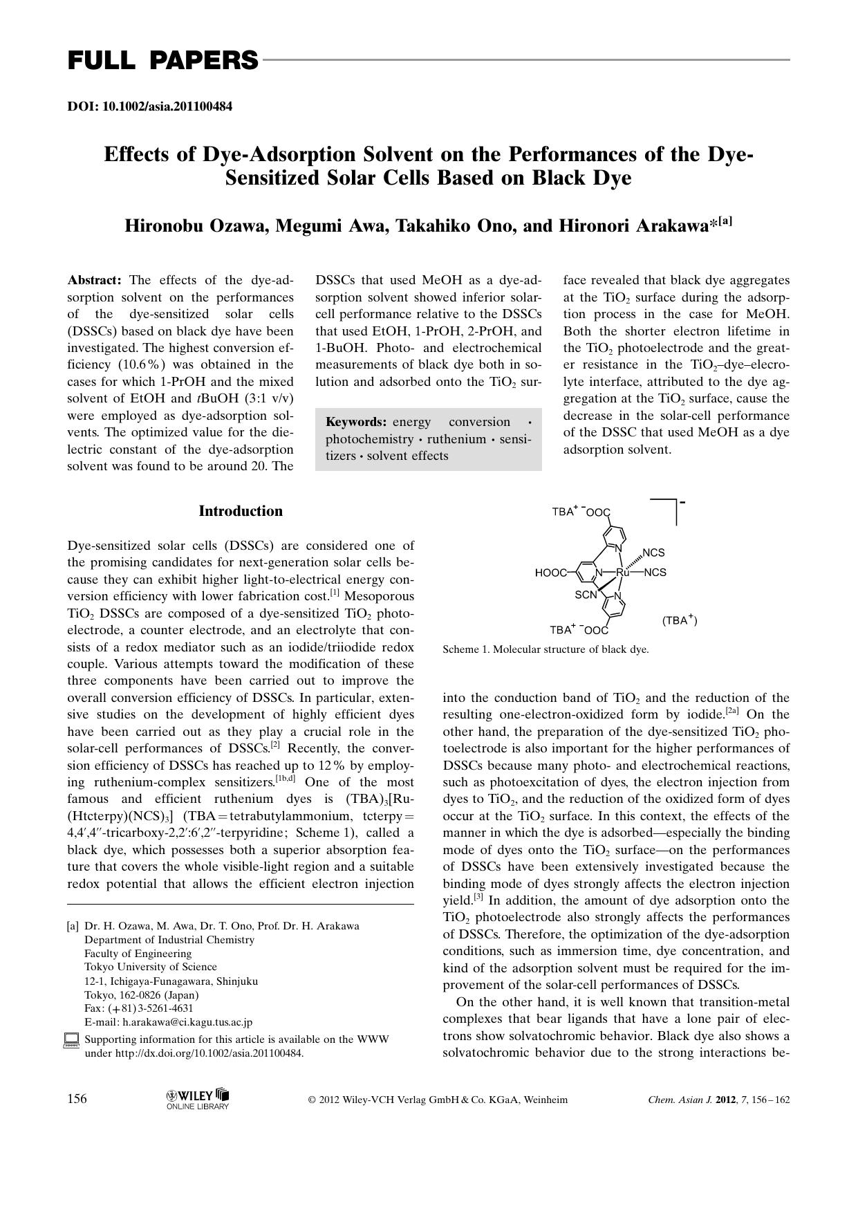Effects of DyeAdsorption Solvent on the Performances of the DyeSensitized Solar Cells Based on Black Dye by Unknown