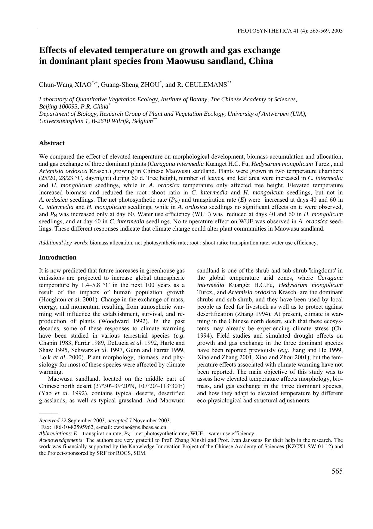 Effects of Elevated Temperature on Growth and Gas Exchange in Dominant Plant Species from Maowusu Sandland, China by Unknown