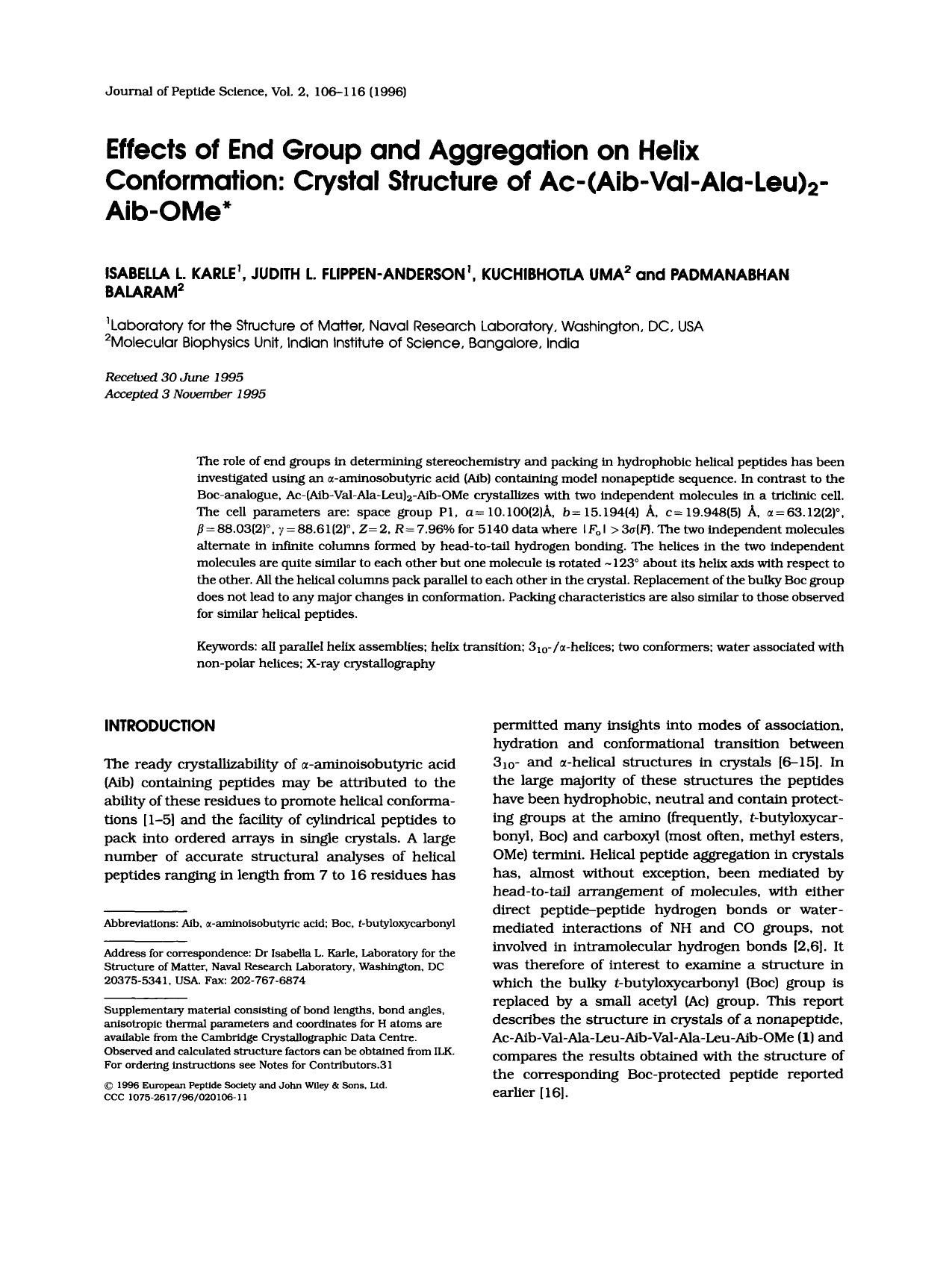 Effects of End Group and Aggregation on Helix Conformation: Crystal Structure of Ac-(Aib-Val-Ala-Leu)2-Aib- OMe by Unknown