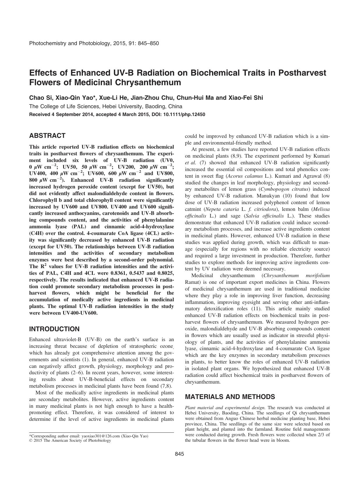 Effects of Enhanced UV&#x2010;B Radiation on Biochemical Traits in Postharvest Flowers of Medicinal Chrysanthemum by Unknown