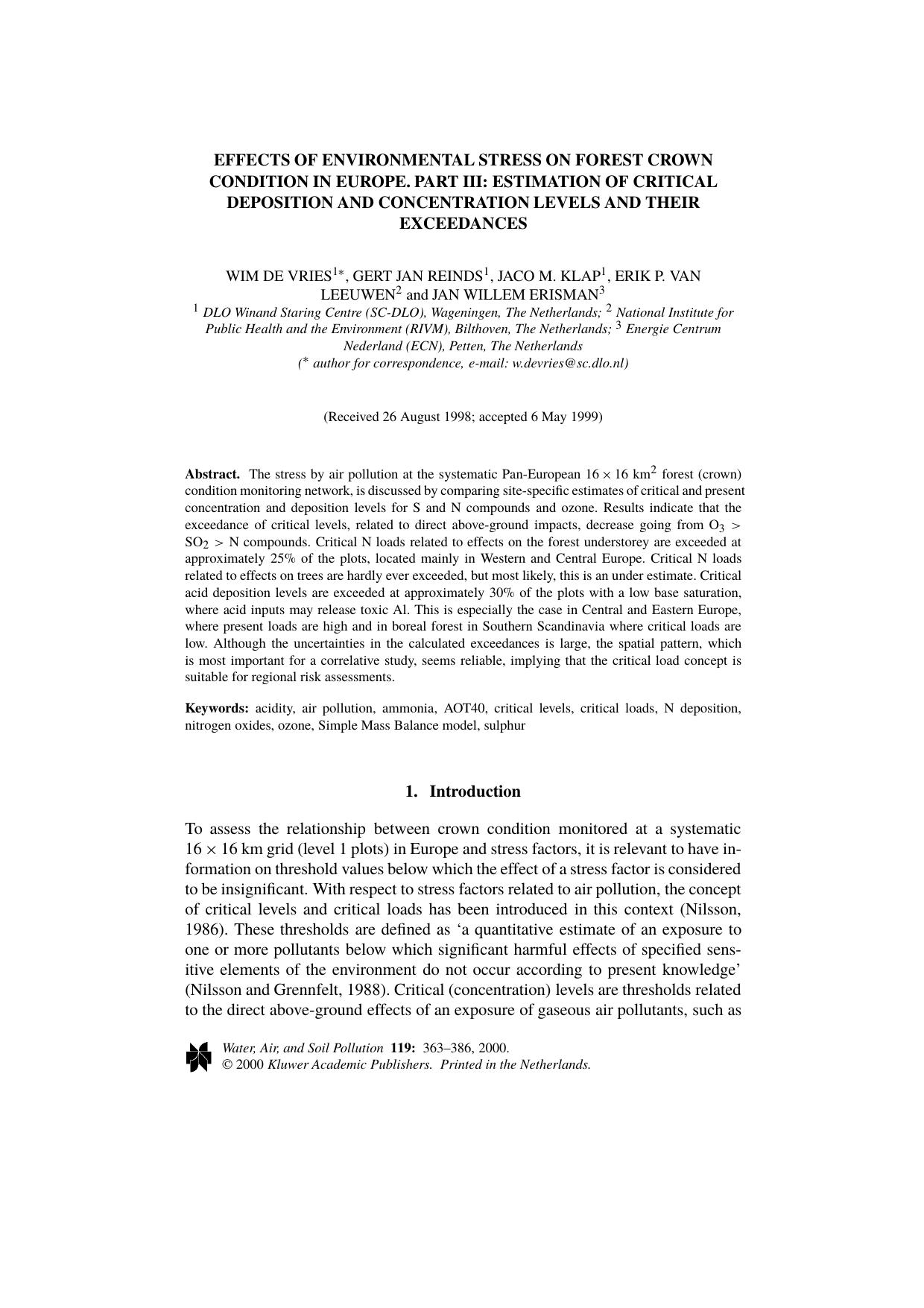 Effects of Environmental Stress on Forest Crown Condition in Europe. Part III: Estimation of Critical Deposition and Concentration Levels and Their Exceedances by Unknown