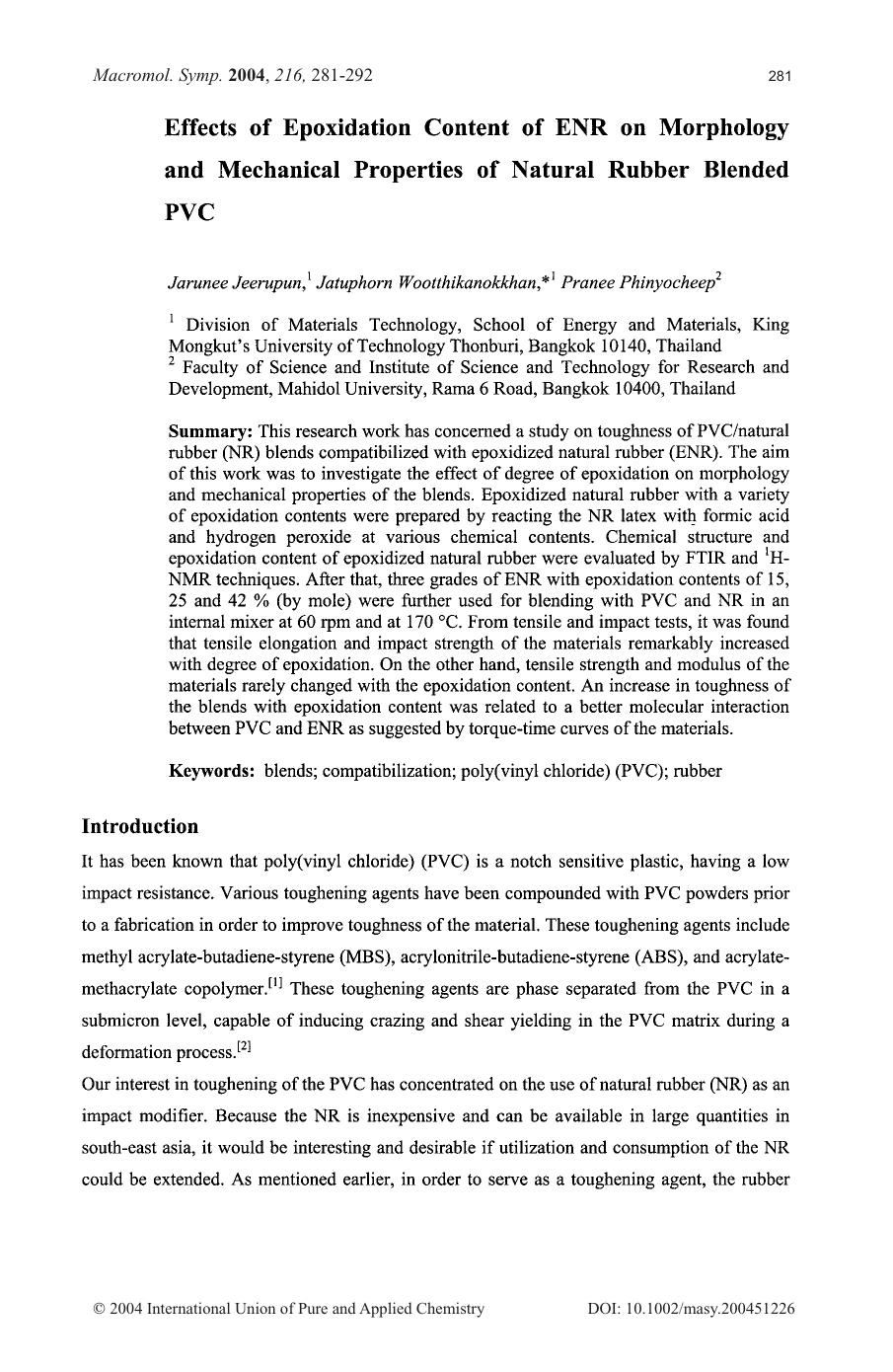 Effects of Epoxidation Content of ENR on Morphology and Mechanical Properties of Natural Rubber Blended PVC by Unknown