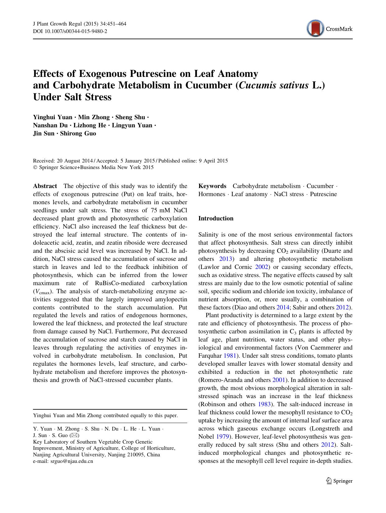 Effects of Exogenous Putrescine on Leaf Anatomy and Carbohydrate Metabolism in Cucumber (Cucumis sativus L.) Under Salt Stress by unknow