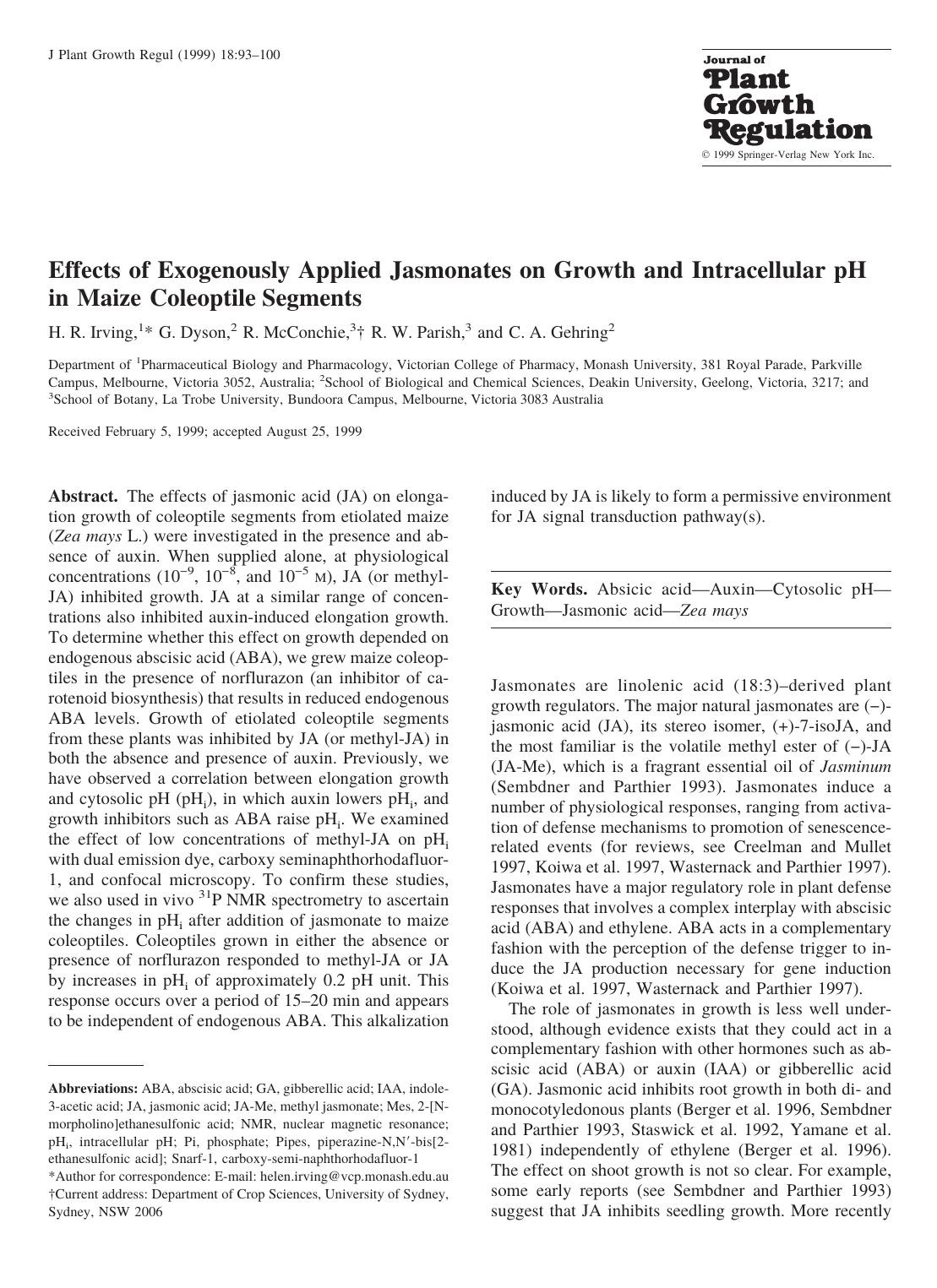 Effects of Exogenously Applied Jasmonates on Growth and Intracellular pH in Maize Coleoptile Segments by Irving H. et al