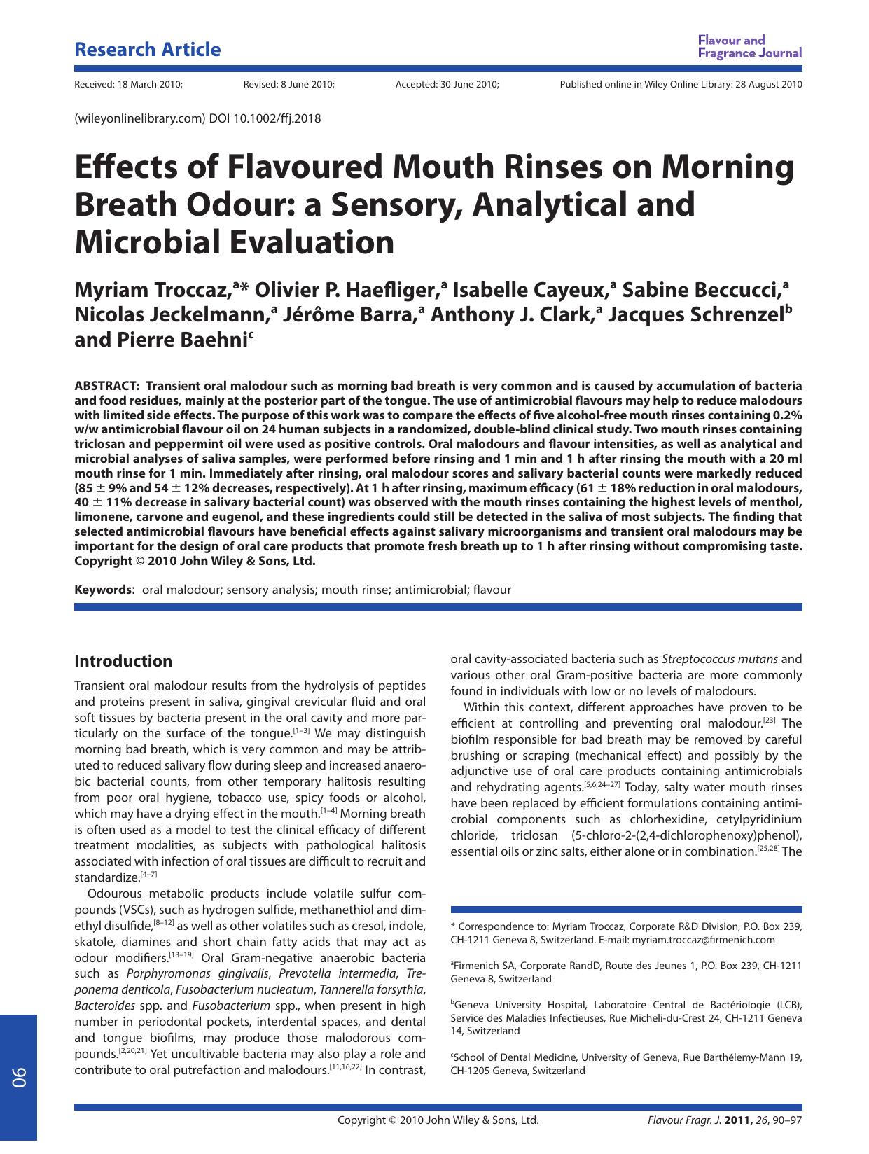 Effects of Flavoured Mouth Rinses on Morning Breath Odour: a Sensory, Analytical and Microbial Evaluation by Unknown