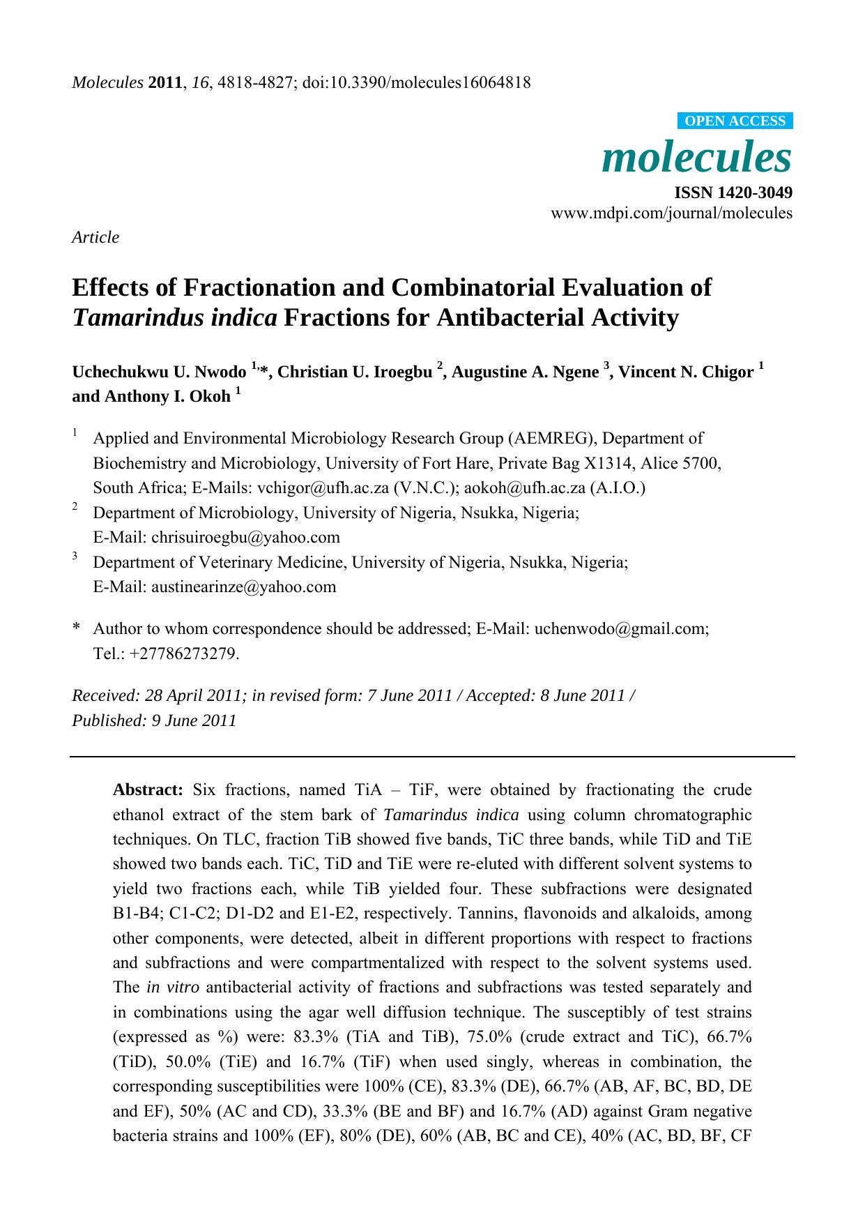 Effects of Fractionation and Combinatorial Evaluation of Tamarindus indica Fractions for Antibacterial Activity by unknow