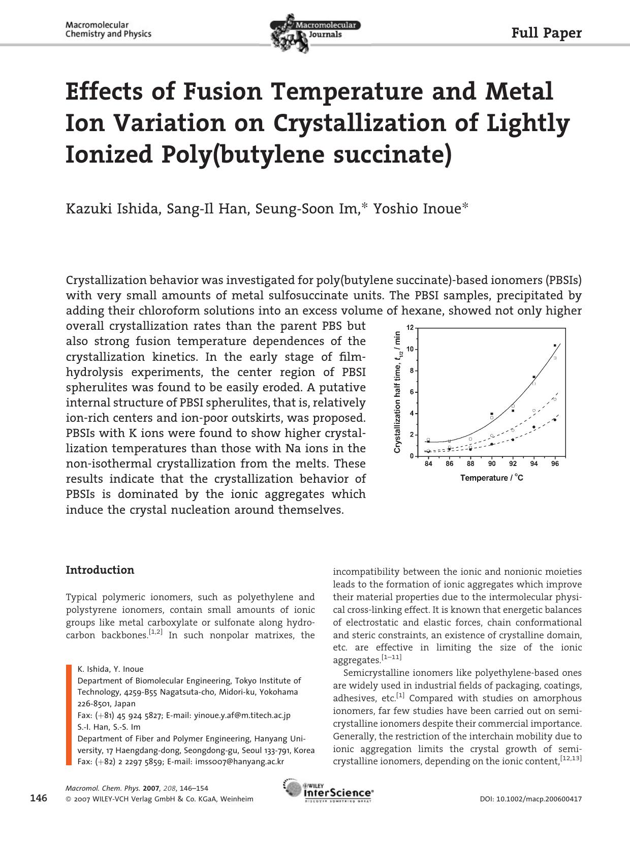 Effects of Fusion Temperature and Metal Ion Variation on Crystallization of Lightly Ionized Poly(butylene succinate) by Unknown