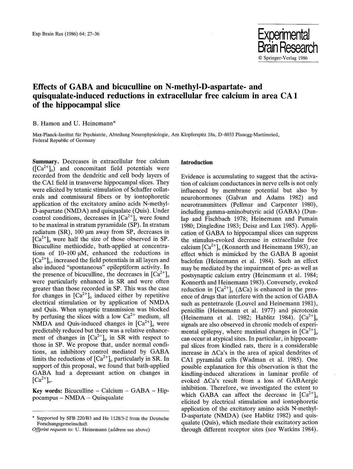 Effects of GABA and bicuculline on N-methyl-D-aspartate- and quisqualate-induced reductions in extracellular free calcium in area CA1 of the hippocampal slice by Unknown