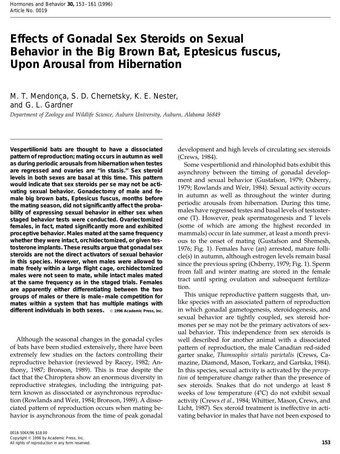 Effects of Gonadal Sex Steroids on Sexual Behavior in the Big Brown Bat, Eptesicus fuscus, Upon Arousal from Hibernation by Mendonca M. T. et al