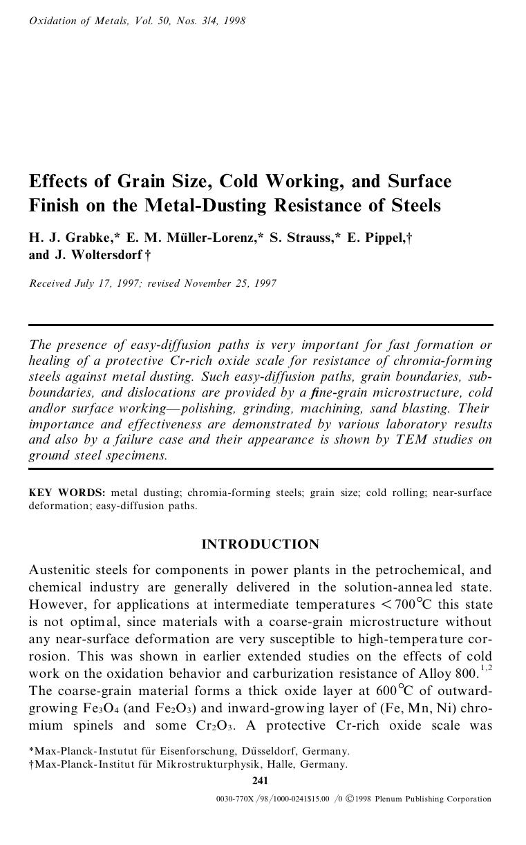 Effects of Grain Size, Cold Working, and Surface Finish on the Metal-Dusting Resistance of Steels by Unknown