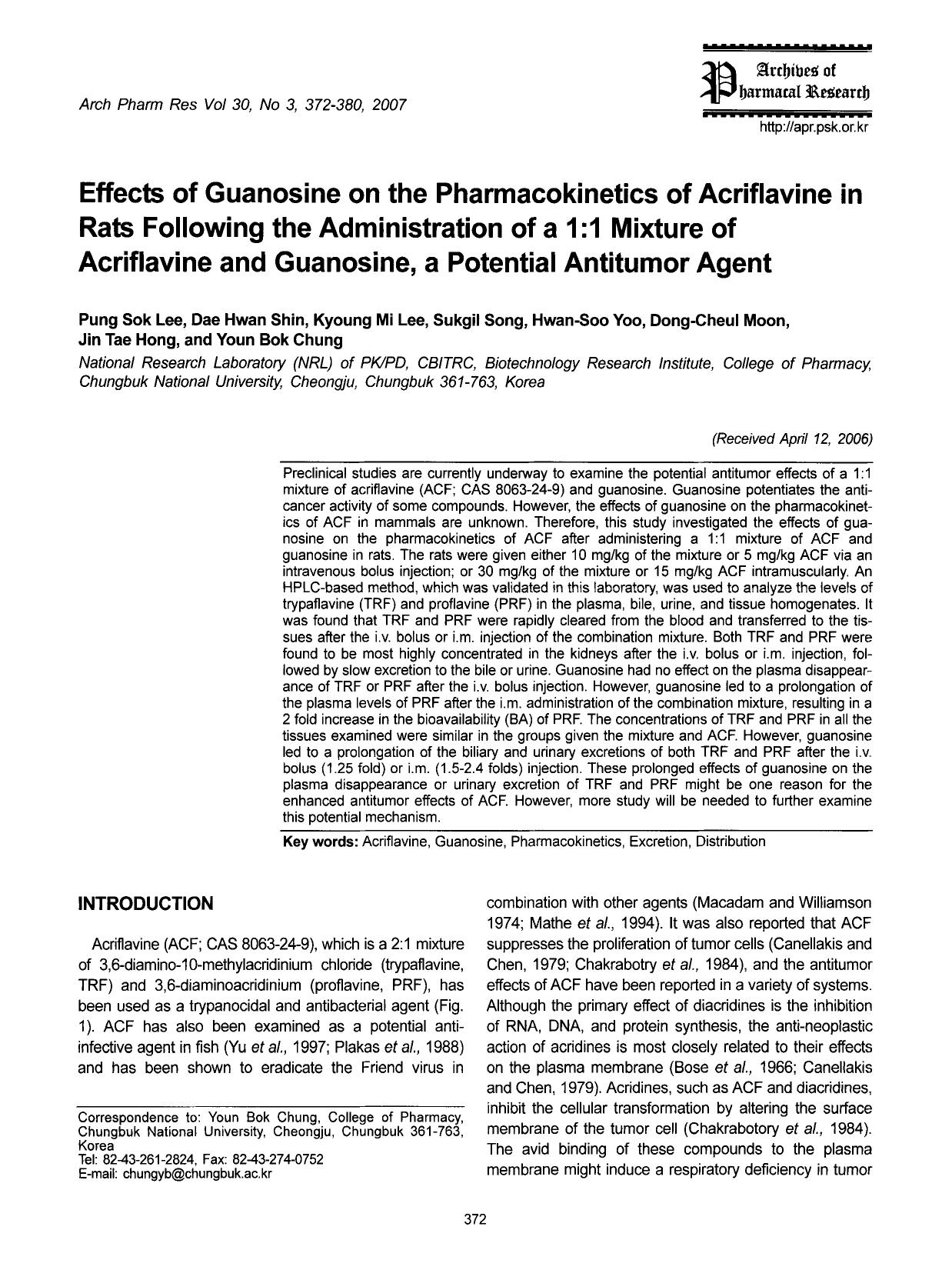 Effects of Guanosine on the Pharmacokinetics of Acriflavine in Rats Following the Administration of a 1:1 Mixture of Acriflavine and Guanosine, a Potential Antitumor Agent by Unknown