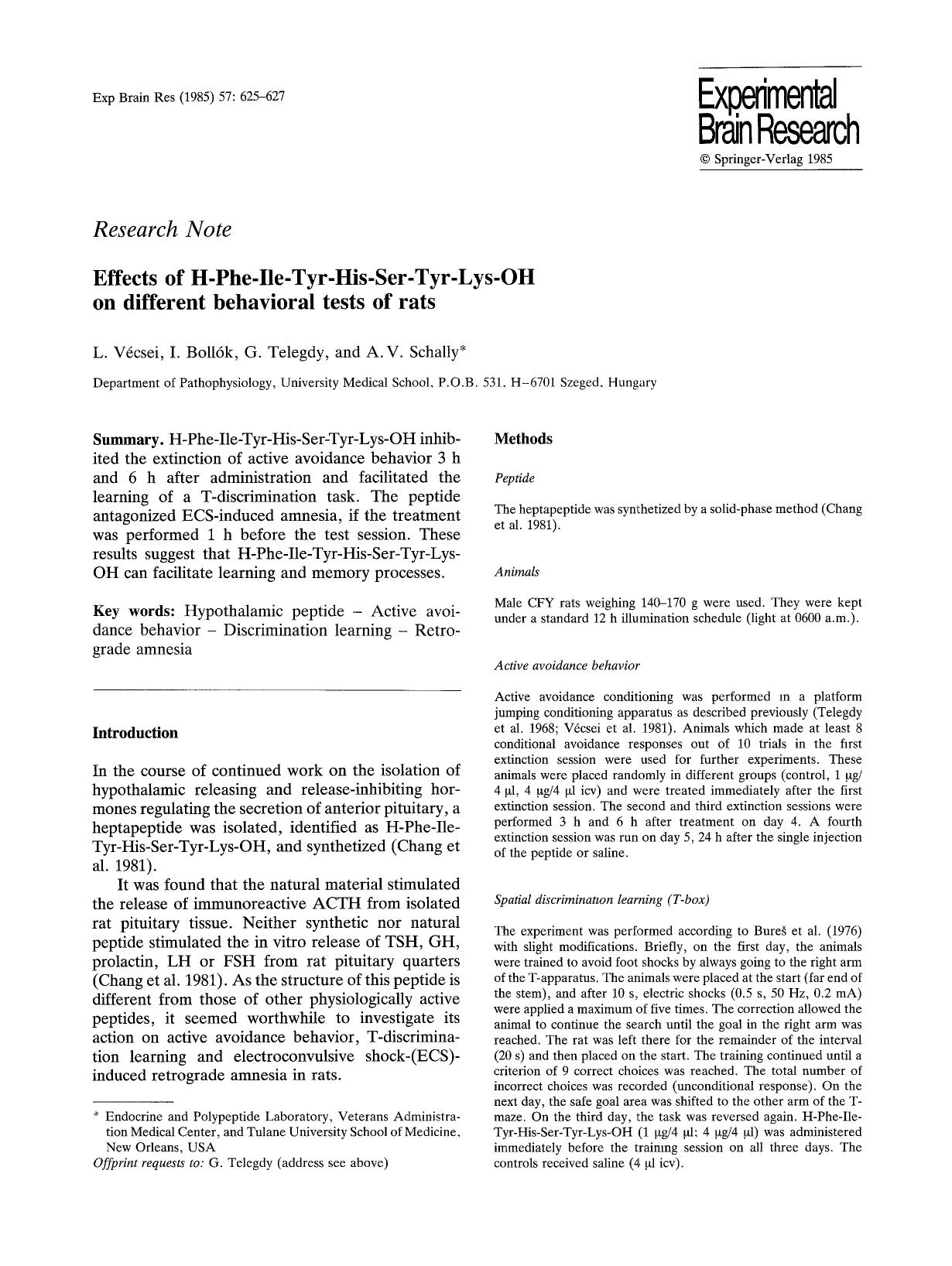 Effects of H-Phe-Ile-Tyr-His-Ser-Tyr-Lys-OH on different behavioral tests of rats by Unknown