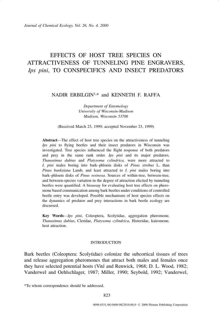 Effects of Host Tree Species on Attractiveness of Tunneling Pine Engravers, Ips pini, to Conspecifics and Insect Predators by Unknown