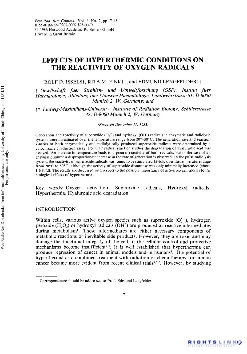 Effects of Hyperthermic Conditions on the Reactivity of Oxygen Radicals by Rolf D. Issels1 Rita M. Fink2 & Edmund Lengfelder2