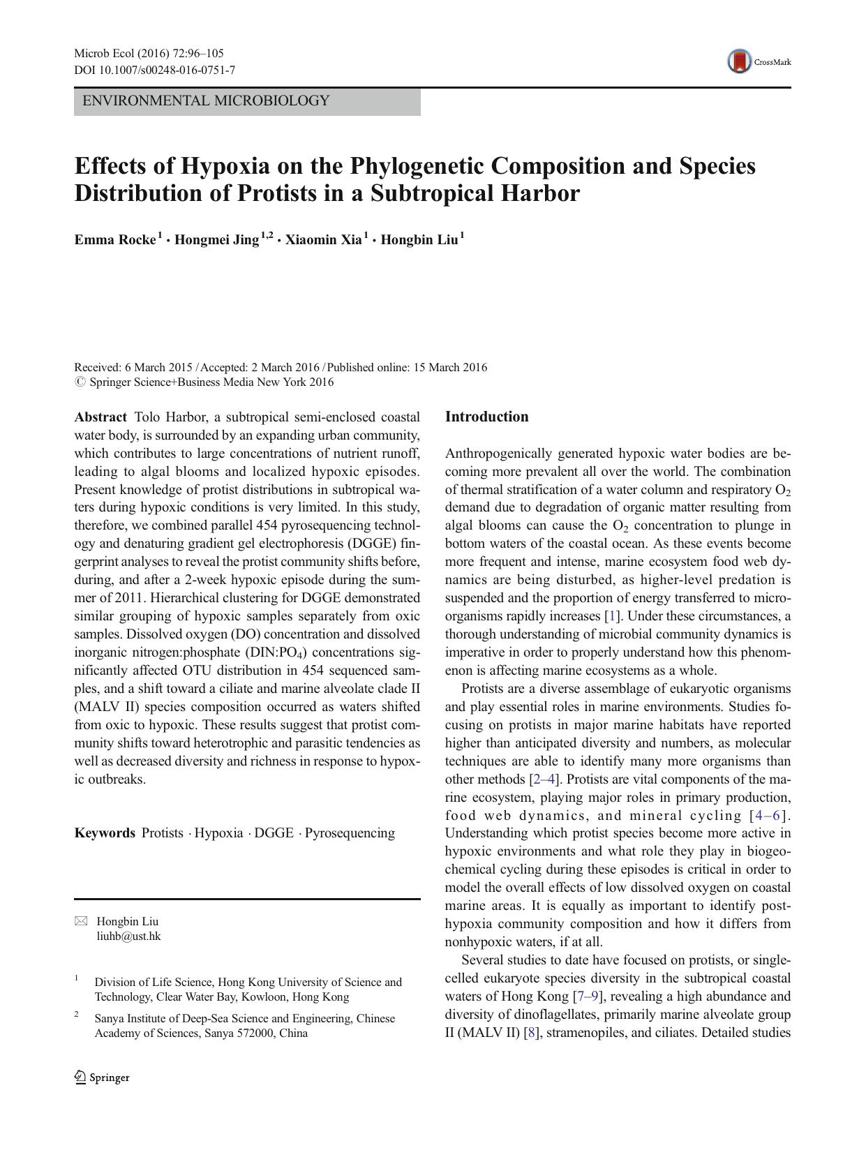 Effects of Hypoxia on the Phylogenetic Composition and Species Distribution of Protists in a Subtropical Harbor by Emma Rocke & Hongmei Jing & Xiaomin Xia & Hongbin Liu