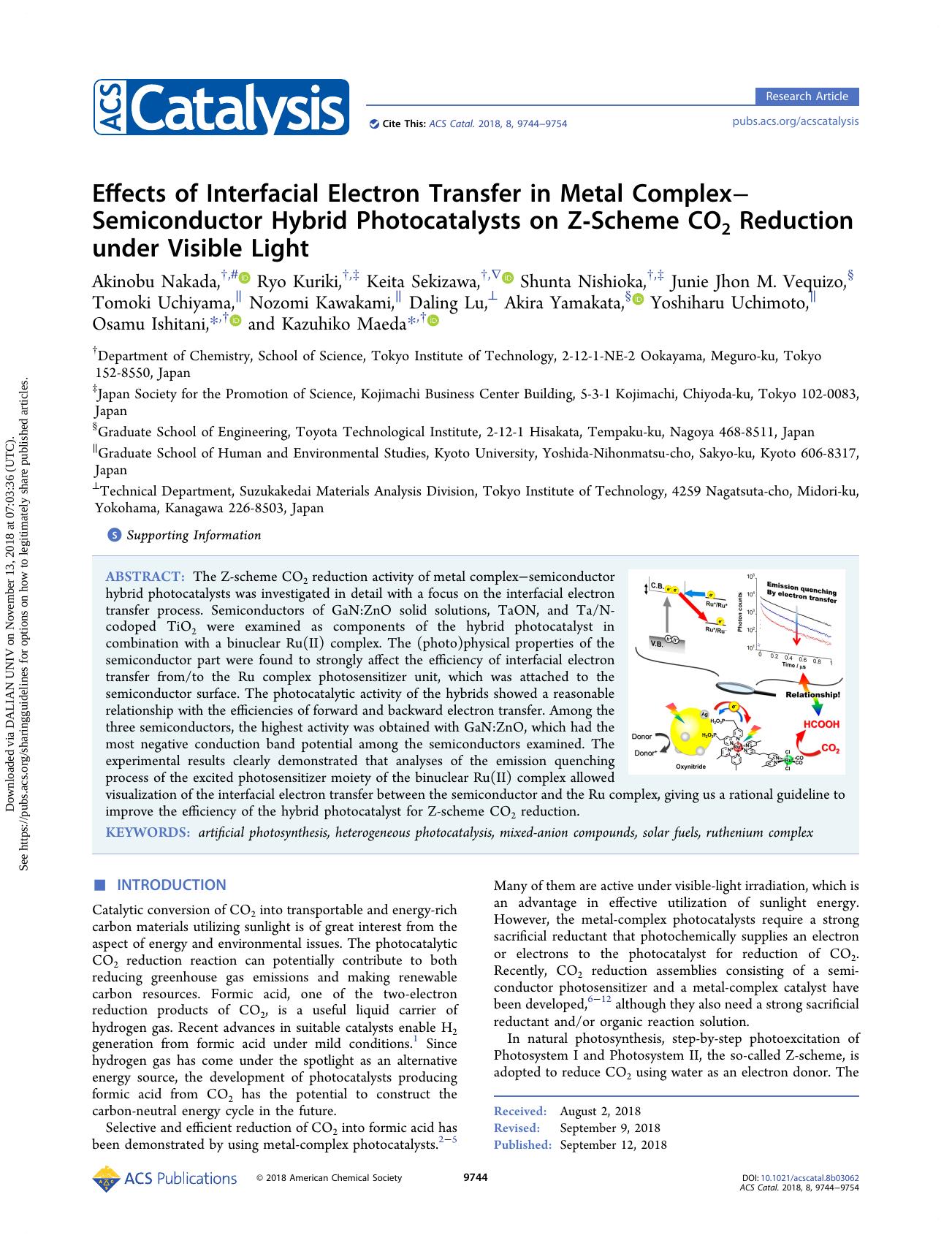 Effects of Interfacial Electron Transfer in Metal ComplexâSemiconductor Hybrid Photocatalysts on Z-Scheme CO2 Reduction under Visible Light by unknow