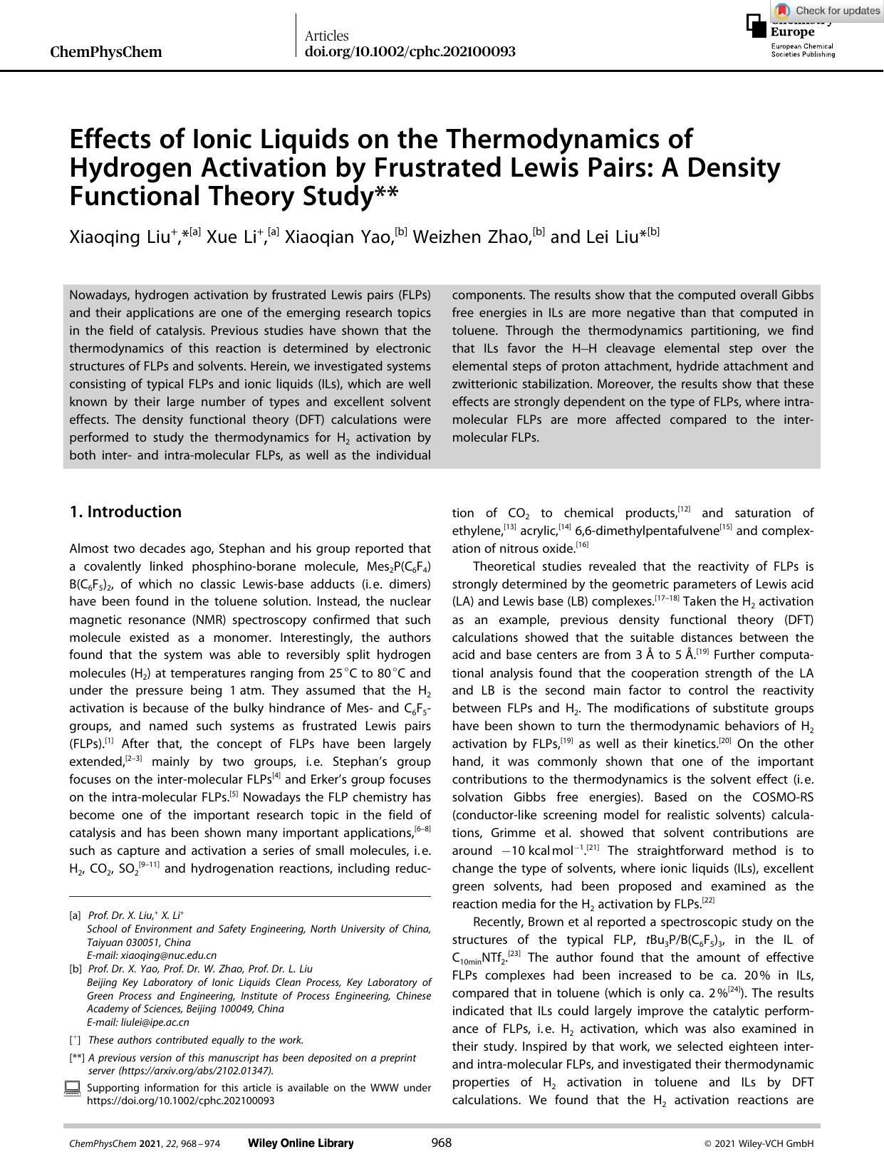 Effects of Ionic Liquids on the Thermodynamics of Hydrogen Activation by Frustrated Lewis Pairs: A Density Functional Theory Study** by Unknown