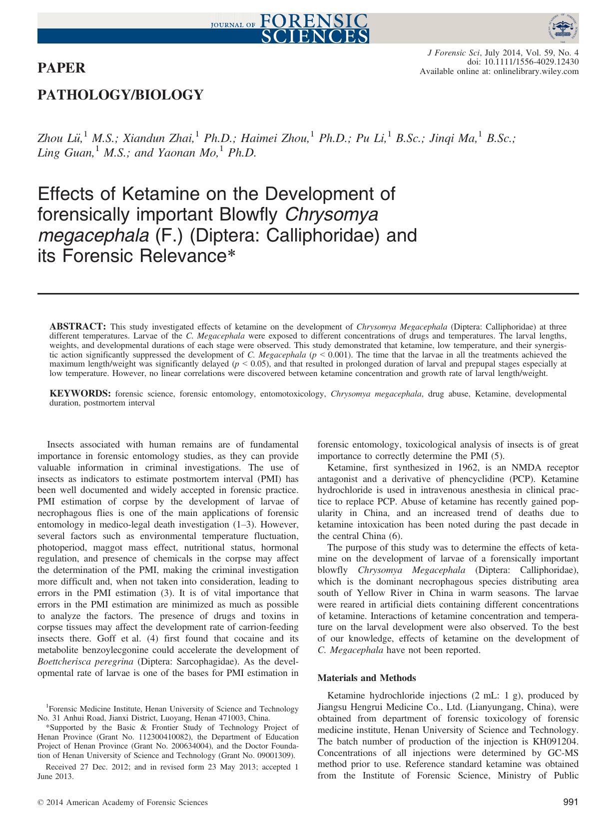 Effects of Ketamine on the Development of forensically important Blowfly Chrysomya megacephala (F.) (Diptera: Calliphoridae) and its Forensic Relevance by Unknown