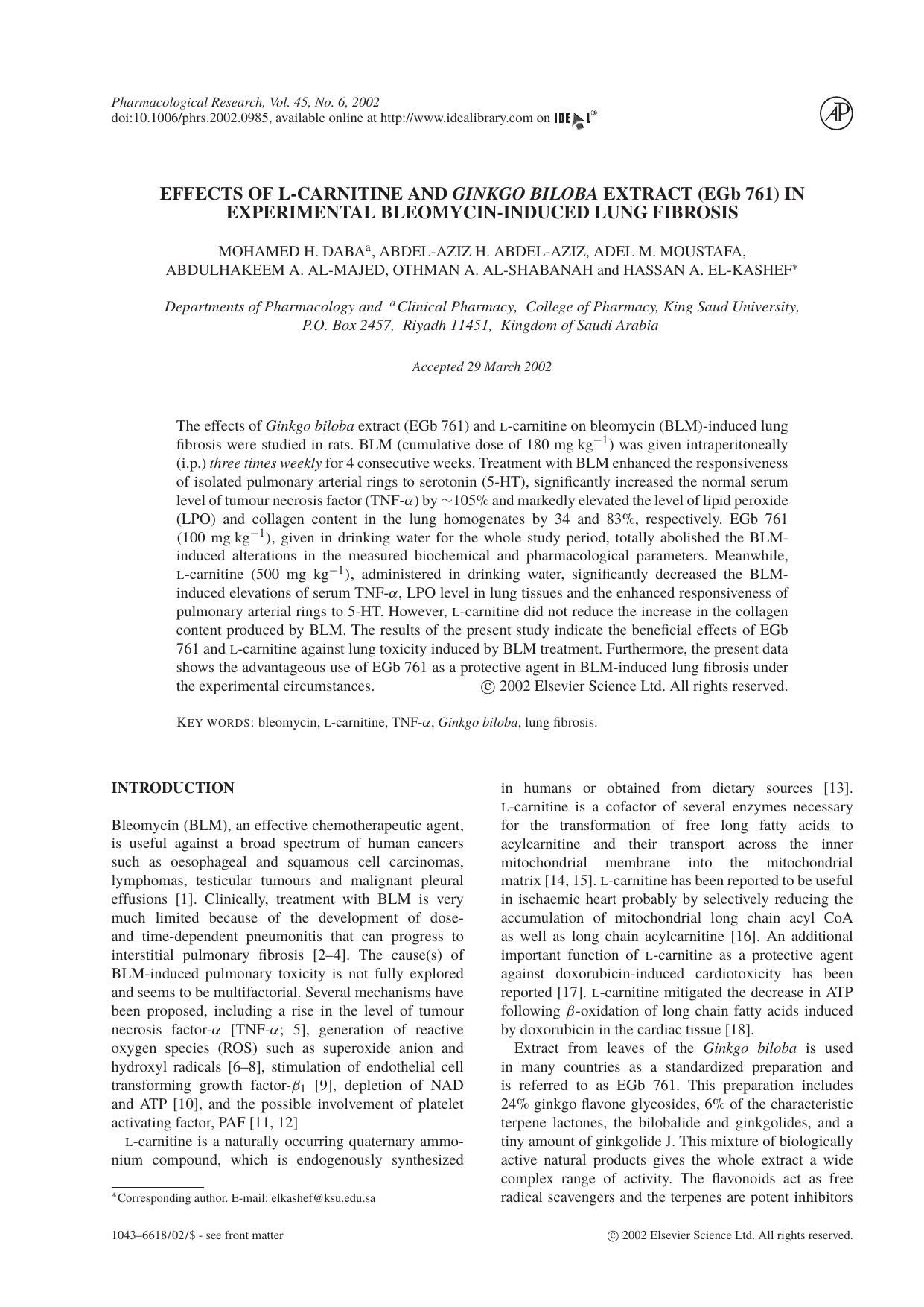 Effects of L-carnitine and Ginkgo biloba extract (EGb 761) in experimental bleomycin-induced lung fibrosis by M. H. Daba et al