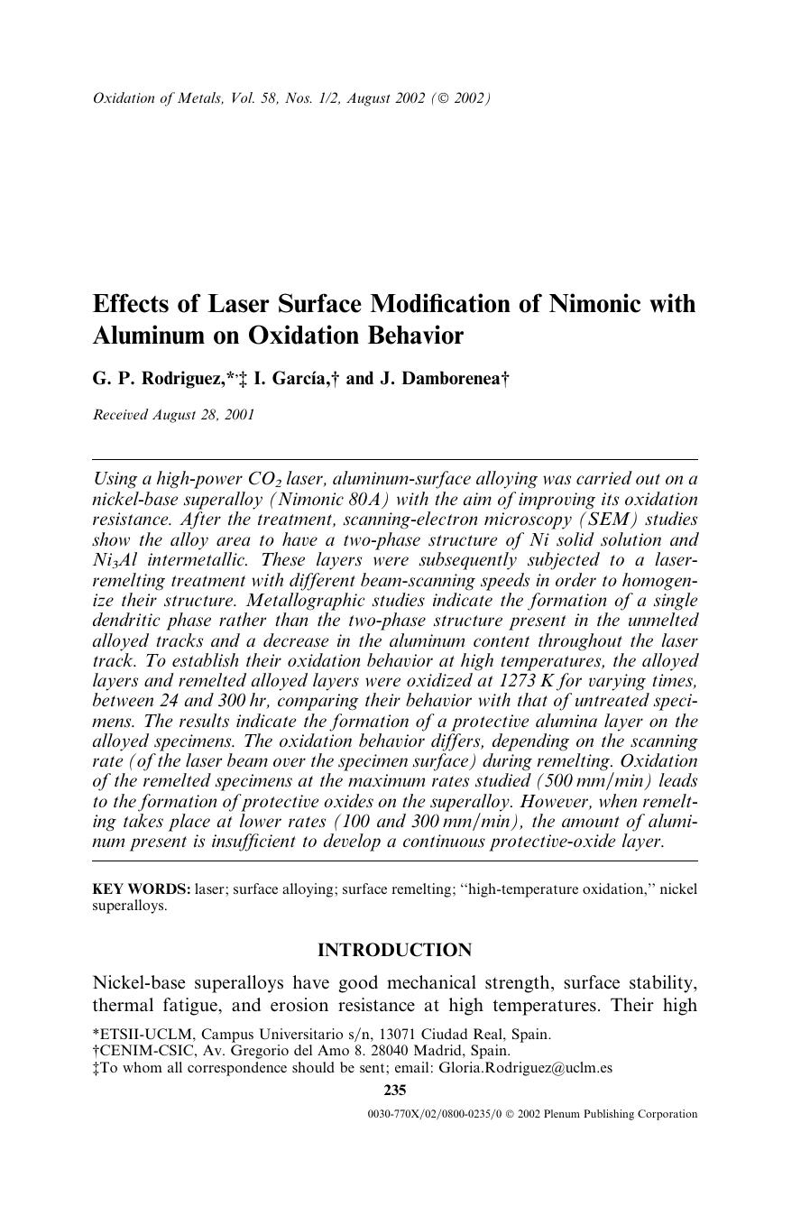 Effects of Laser Surface Modification of Nimonic with Aluminum on Oxidation Behavior by Unknown