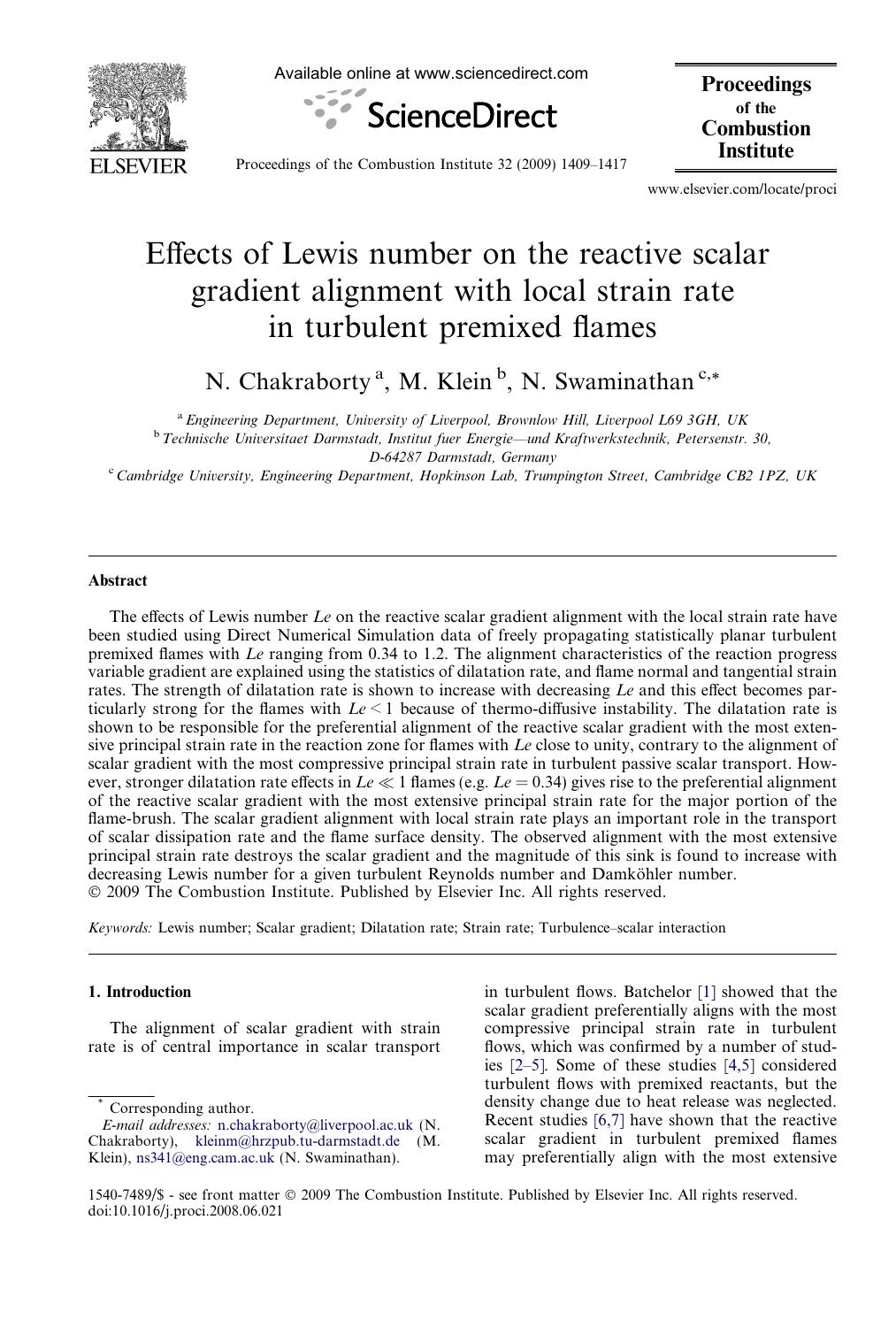 Effects of Lewis number on the reactive scalar gradient alignment with local strain rate in turbulent premixed flames by N. Chakraborty; M. Klein; N. Swaminathan