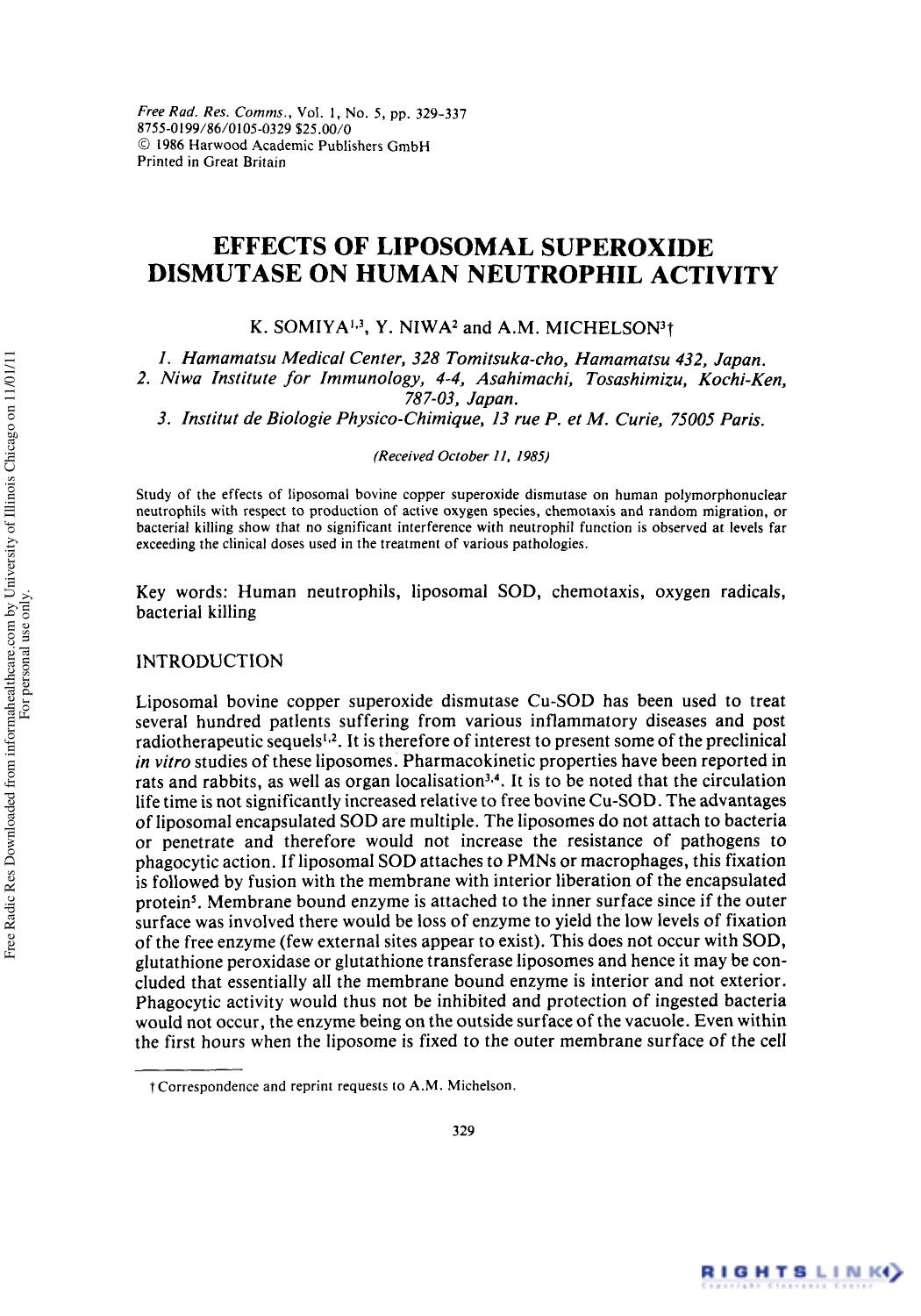 Effects of Liposomal Superoxide Dismutase on Human Neutrophil Activity by K. Somiya1 3 Y. Niwa2 & A. M. Michelson3