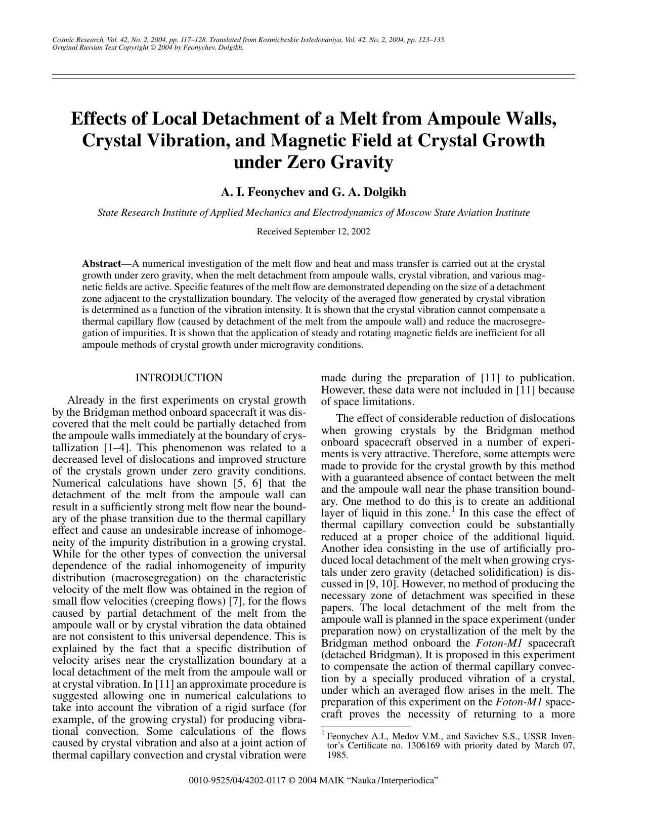Effects of Local Detachment of a Melt from Ampoule Walls, Crystal Vibration, and Magnetic Field at Crystal Growth under Zero Gravity by Unknown