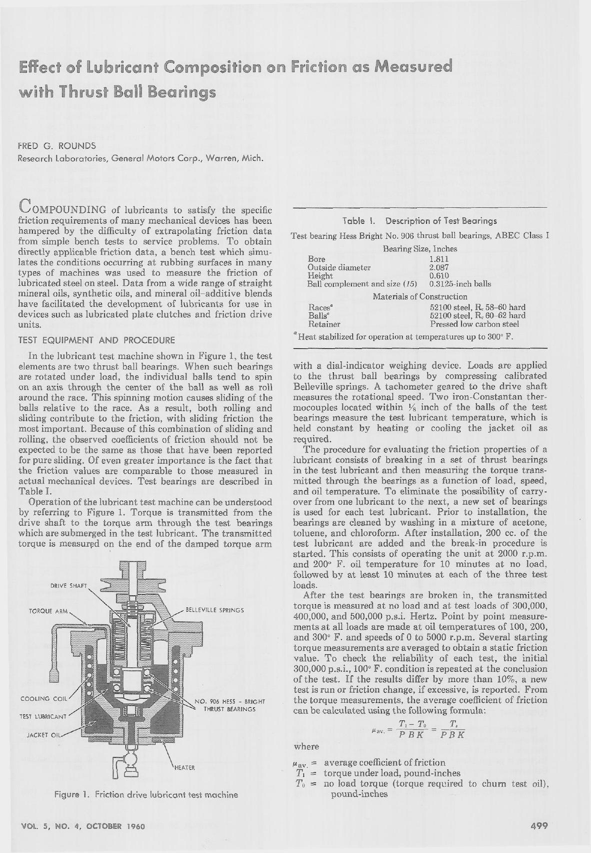Effects of Lubricant Composition on Friction as Measured with Thrust Ball Bearings. by F. G. Rounds