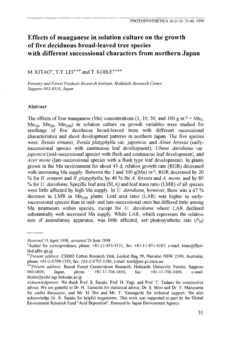 Effects of Manganese in Solution Culture on the Growth of Five Deciduous Broad-Leaved Tree Species with Different Successional Characters from Northern Japan by Unknown