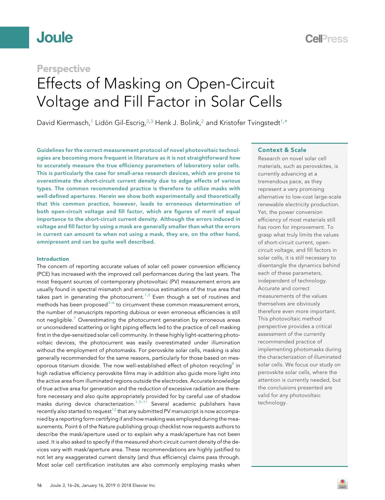 Effects of Masking on Open-Circuit Voltage and Fill Factor in Solar Cells by David Kiermasch & Lidón Gil-Escrig & Henk J. Bolink & Kristofer Tvingstedt