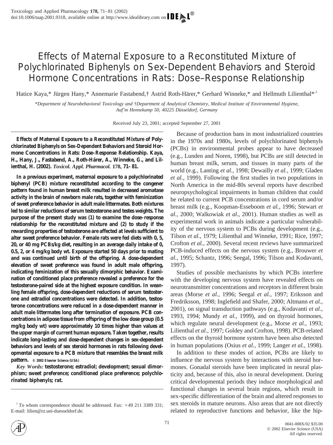 Effects of Maternal Exposure to a Reconstituted Mixture of Polychlorinated Biphenyls on Sex-Dependent Behaviors and Steroid Hormone Concentrations in Rats: Dose-Response Relationship by Kaya H. et al