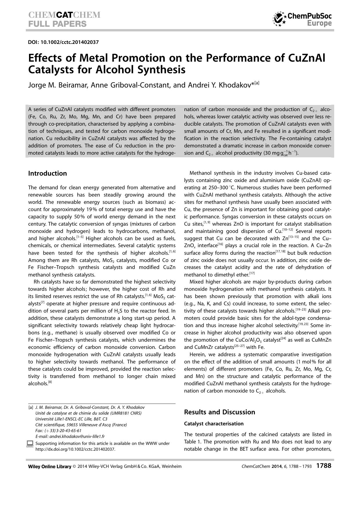 Effects of Metal Promotion on the Performance of CuZnAl Catalysts for Alcohol Synthesis by Unknown