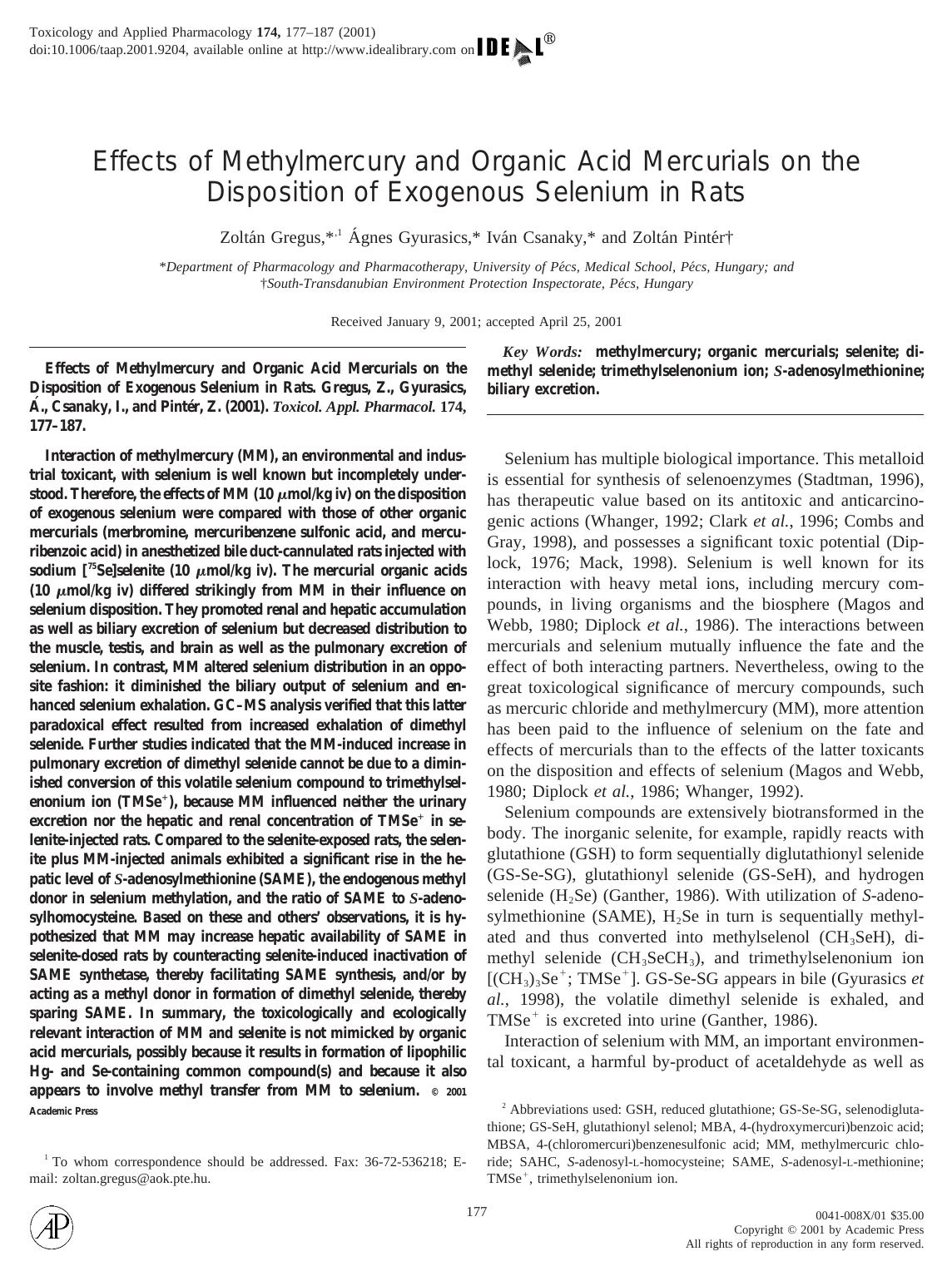 Effects of Methylmercury and Organic Acid Mercurials on the Disposition of Exogenous Selenium in Rats by Gregus Z. et al