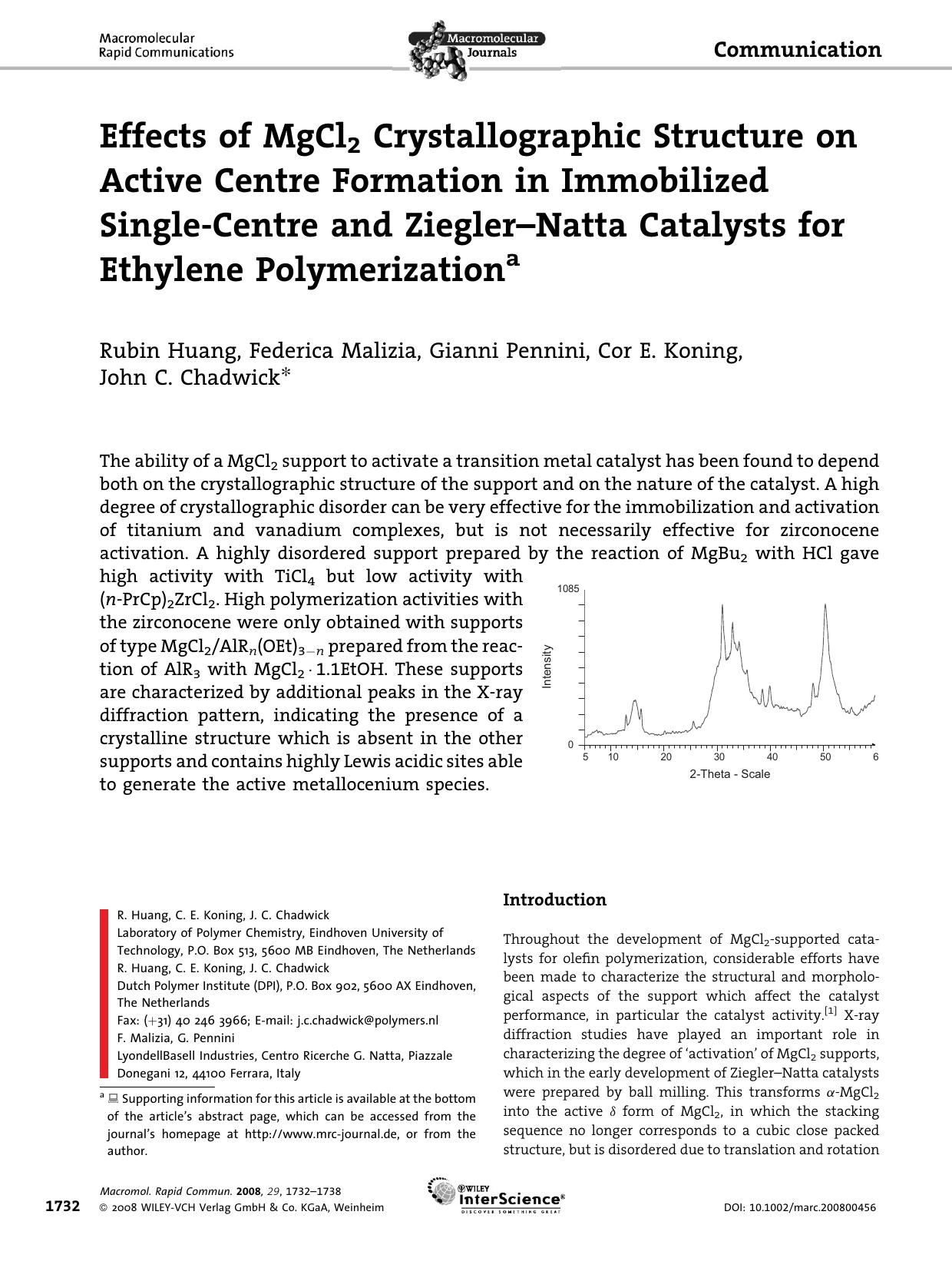 Effects of MgCl2 Crystallographic Structure on Active Centre Formation in Immobilized Single-Centre and Ziegler-Natta Catalysts for Ethylene Polymerization by Unknown