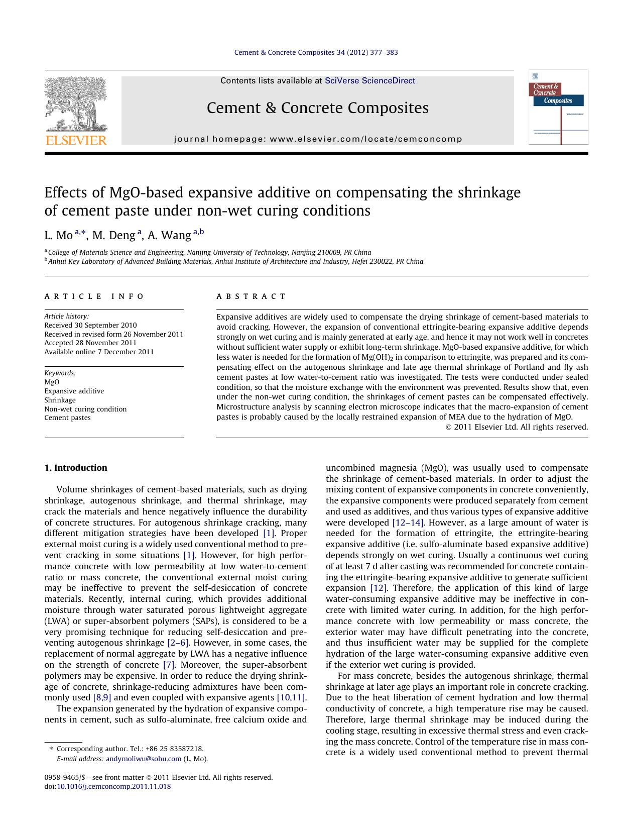 Effects of MgO-based expansive additive on compensating the shrinkage of cement paste under non-wet curing conditions by L. Mo & M. Deng & A. Wang